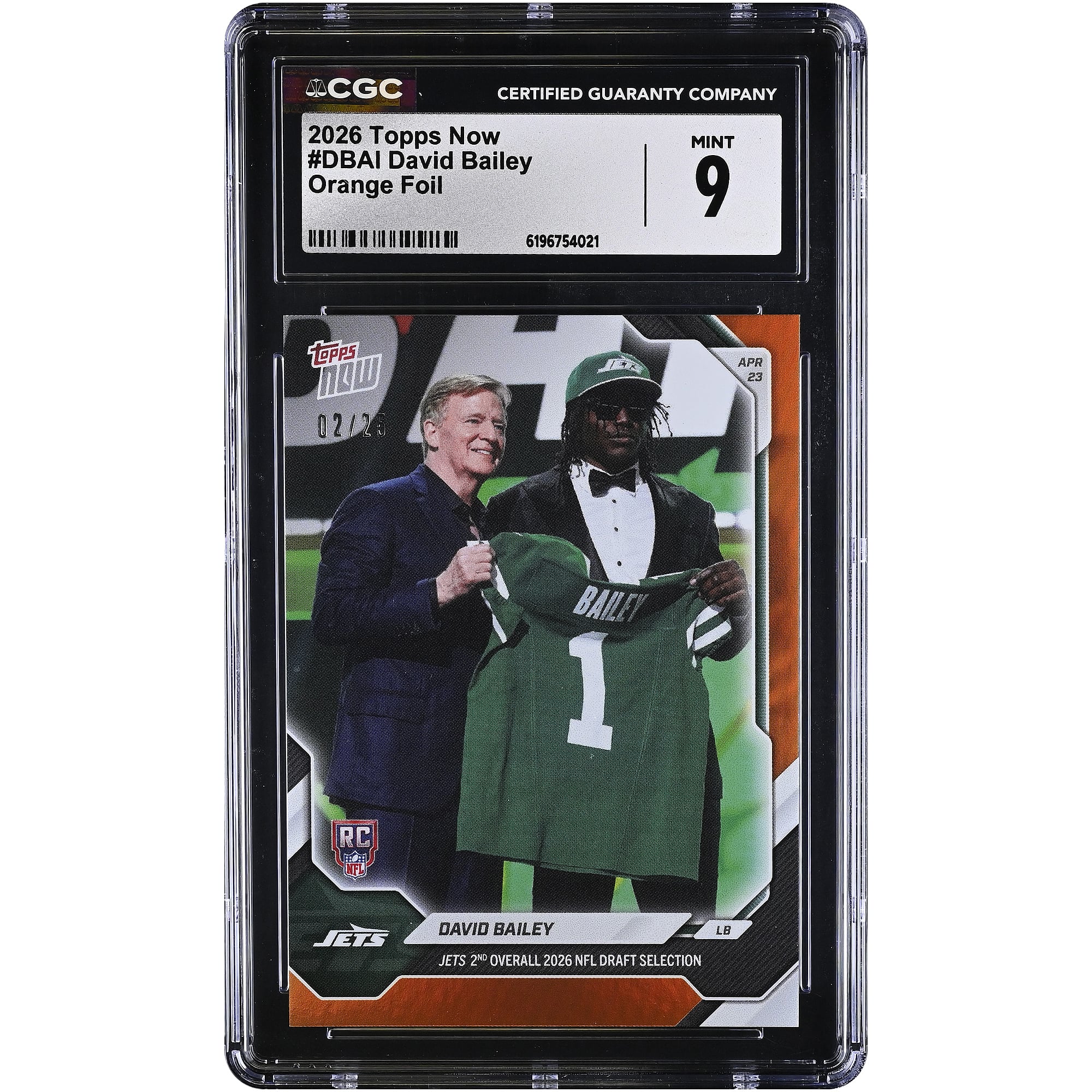 David Bailey New York Jets 2026 Topps Now Jets 2nd Overall '26 NFL Draft Selection Orange Foil #DBAI #/25 CGC Authenticated 9 Rookie Card
