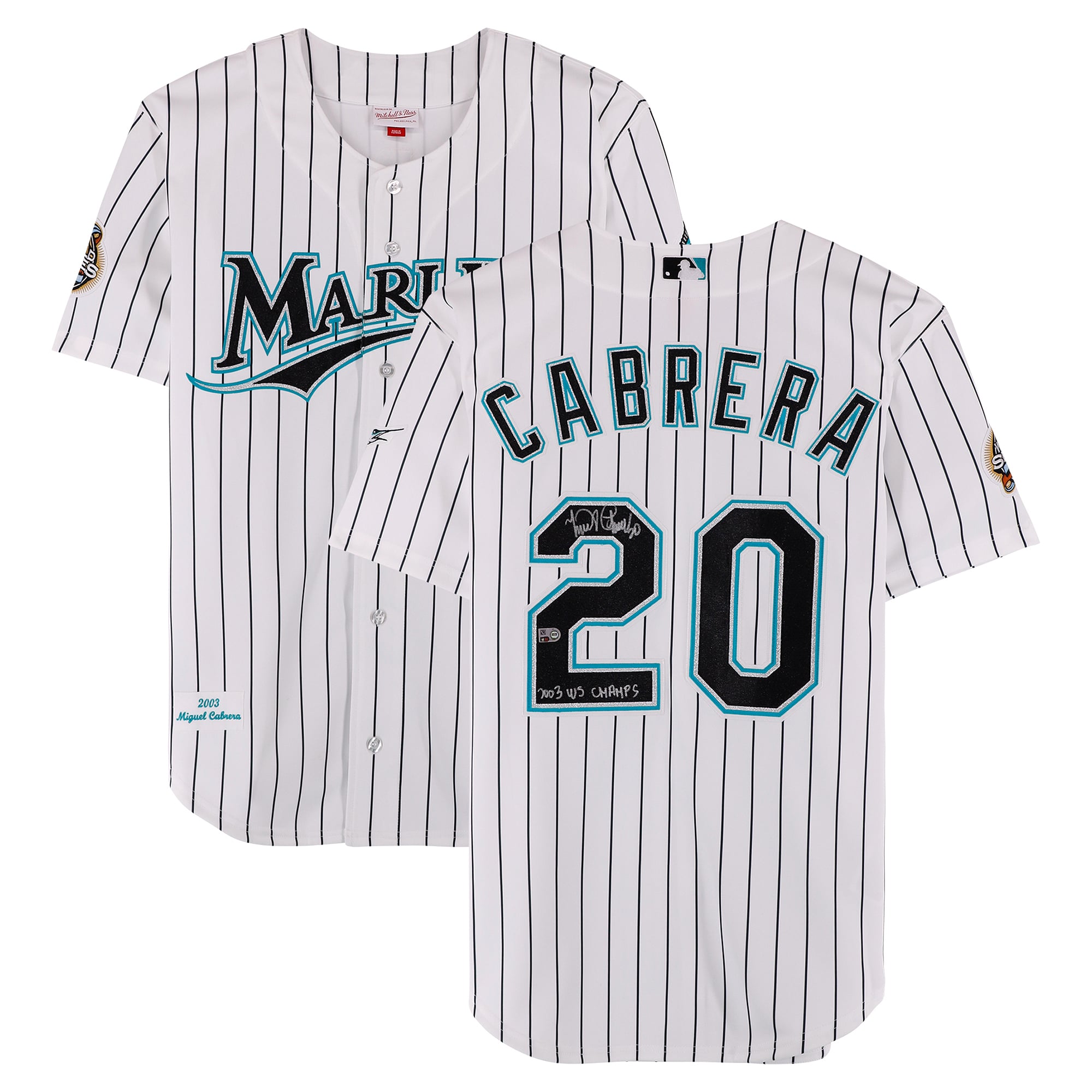 Miguel Cabrera Florida Marlins Autographed White Mitchell & Ness 2003 Authentic Jersey with "2003 WS Champs" Inscription