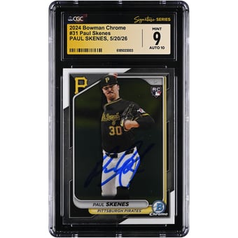 Paul Skenes Pittsburgh Pirates Autographed 2024 Bowman Chrome #31 CGC Fanatics Witnessed Authenticated 9/10 Rookie Card