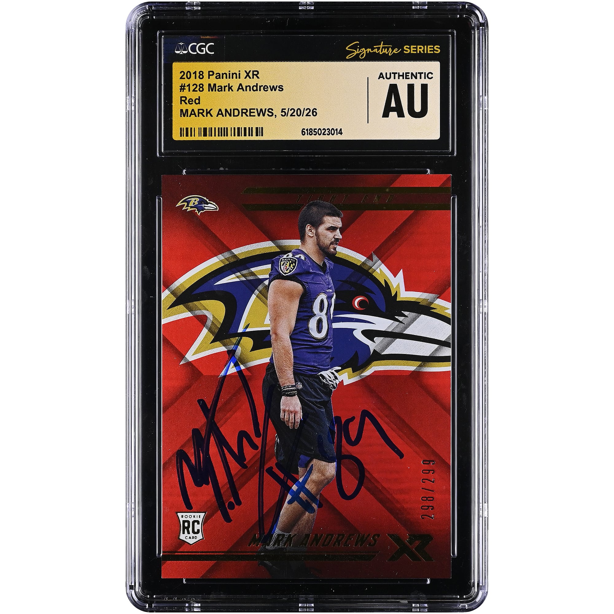 Mark Andrews Baltimore Ravens Autographed 2018 Panini XR Red #128 #/299 CGC Fanatics Witnessed Authenticated Rookie Card. rookie card picture