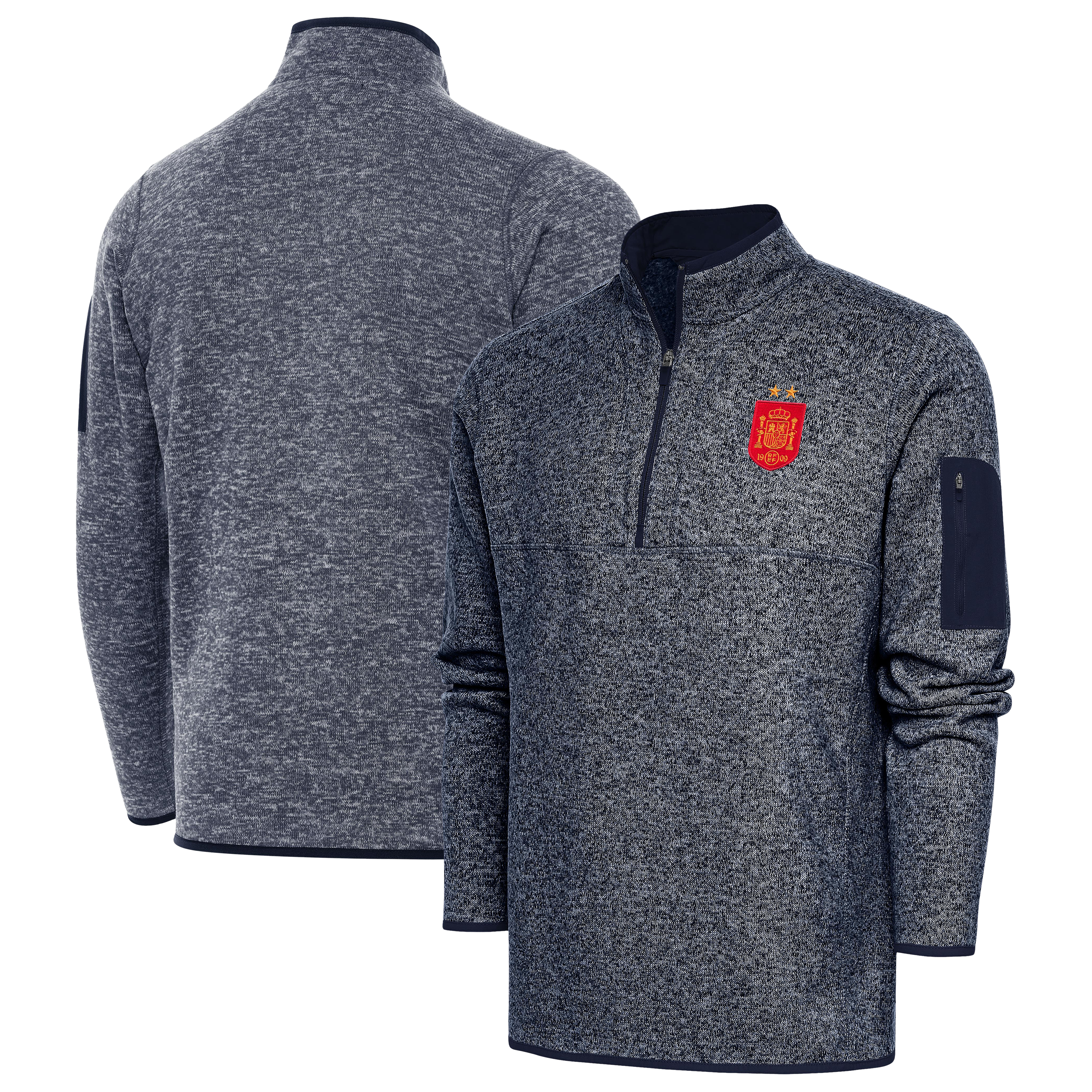 Men's Antigua Heather Navy Spain National Team Two-Star Elevate Quarter-Zip Pullover