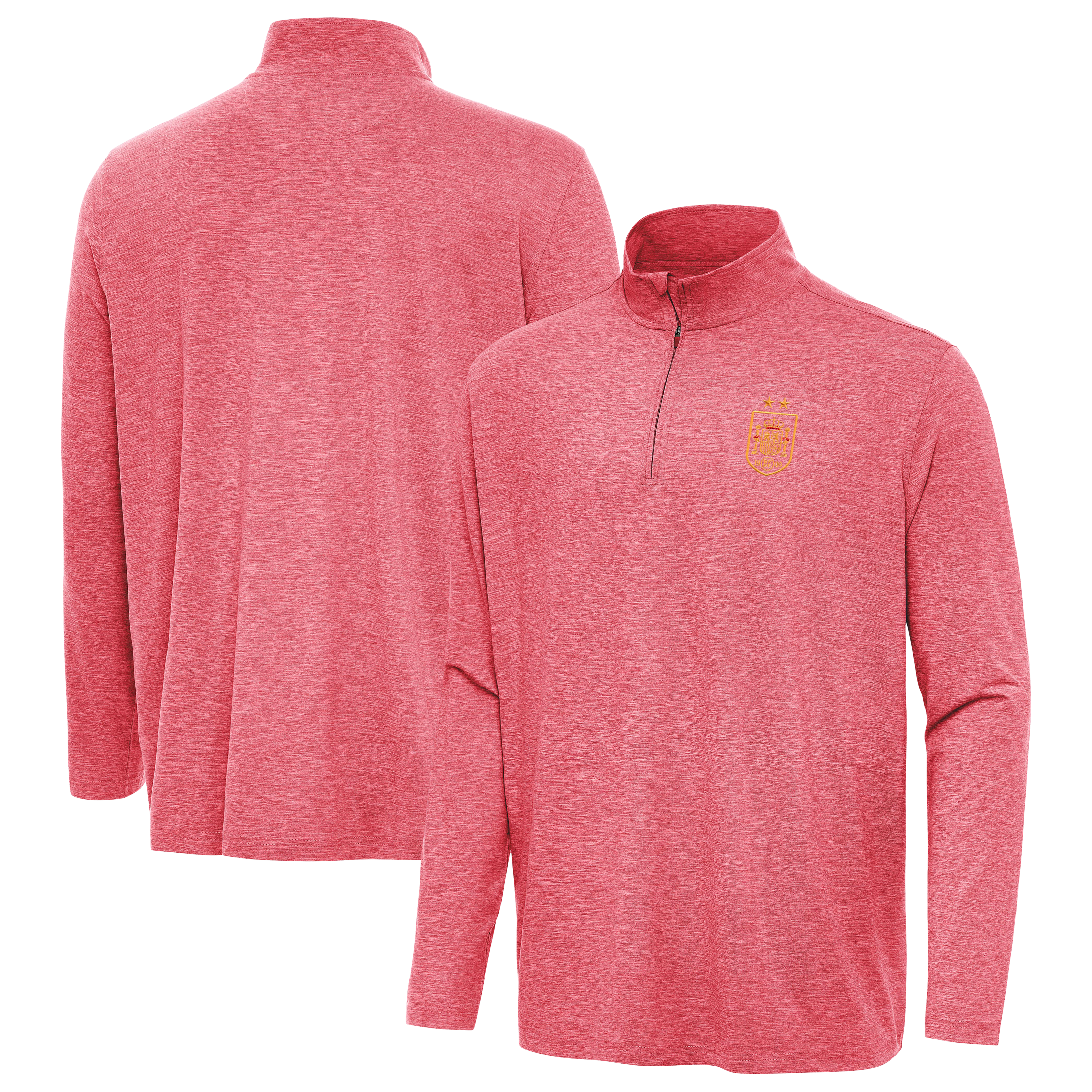 Men's Antigua Heather Red Spain National Team Two-Star Master Quarter-Zip Pullover