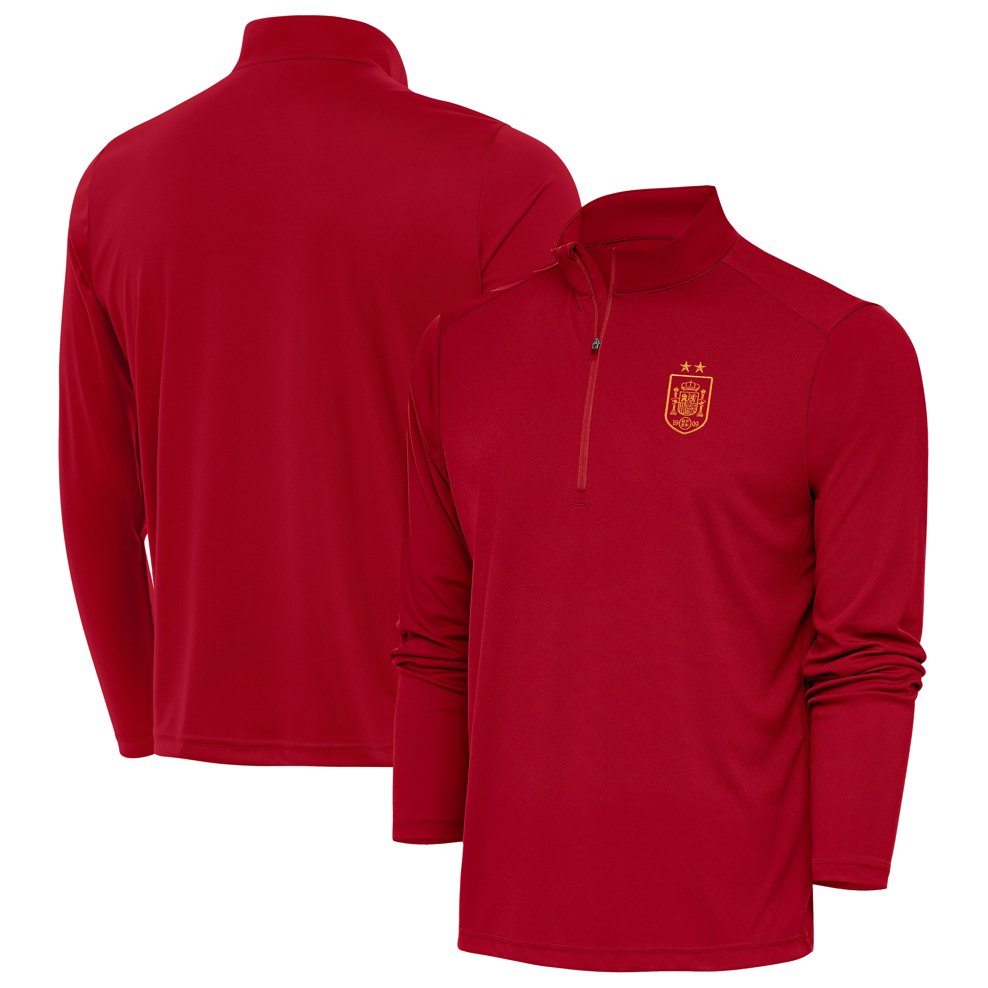 Men's Antigua Red Spain National Team Two-Star Statement Quarter-Zip Pullover