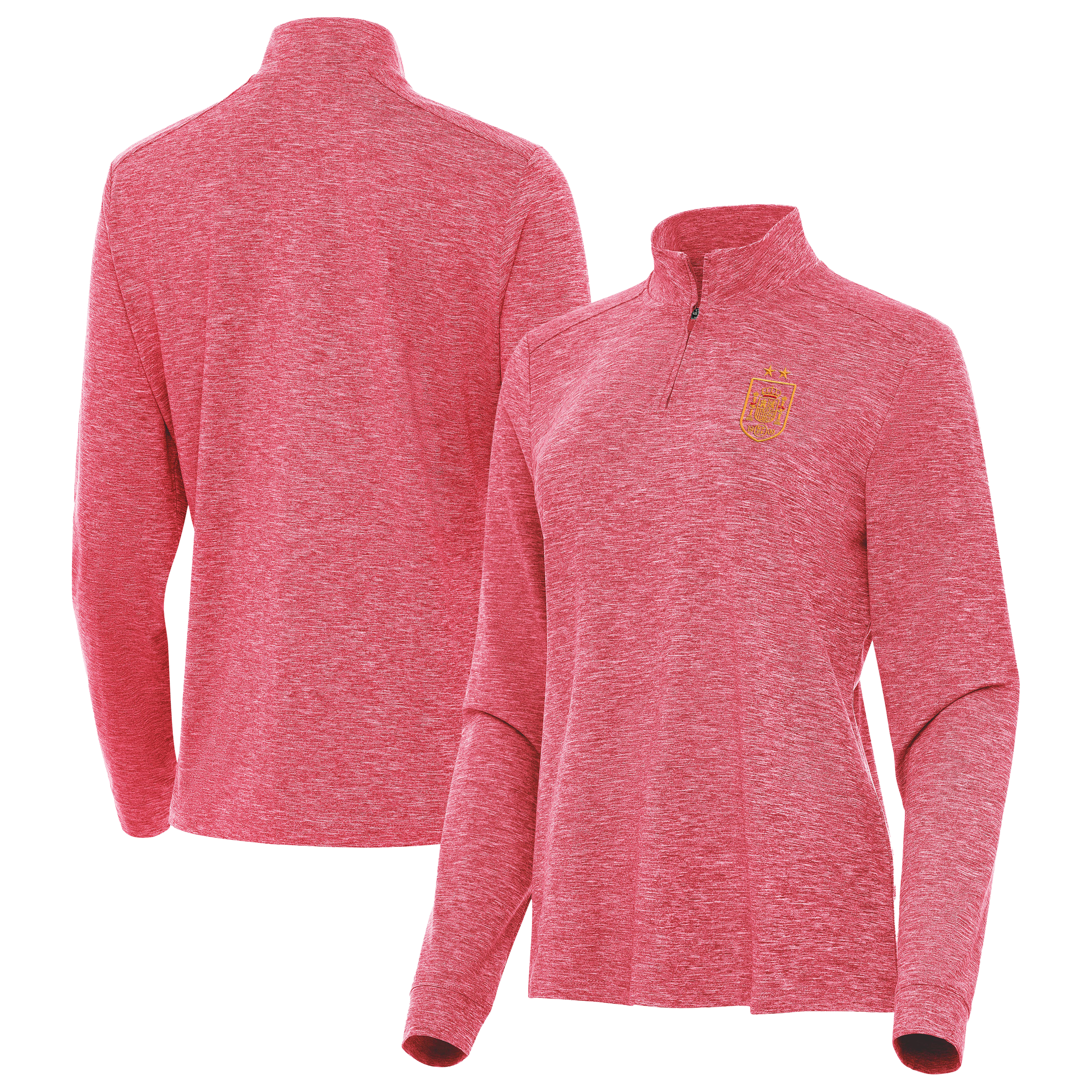 Women's Antigua Heather Red Spain National Team Two-Star Master Quarter-Zip Pullover