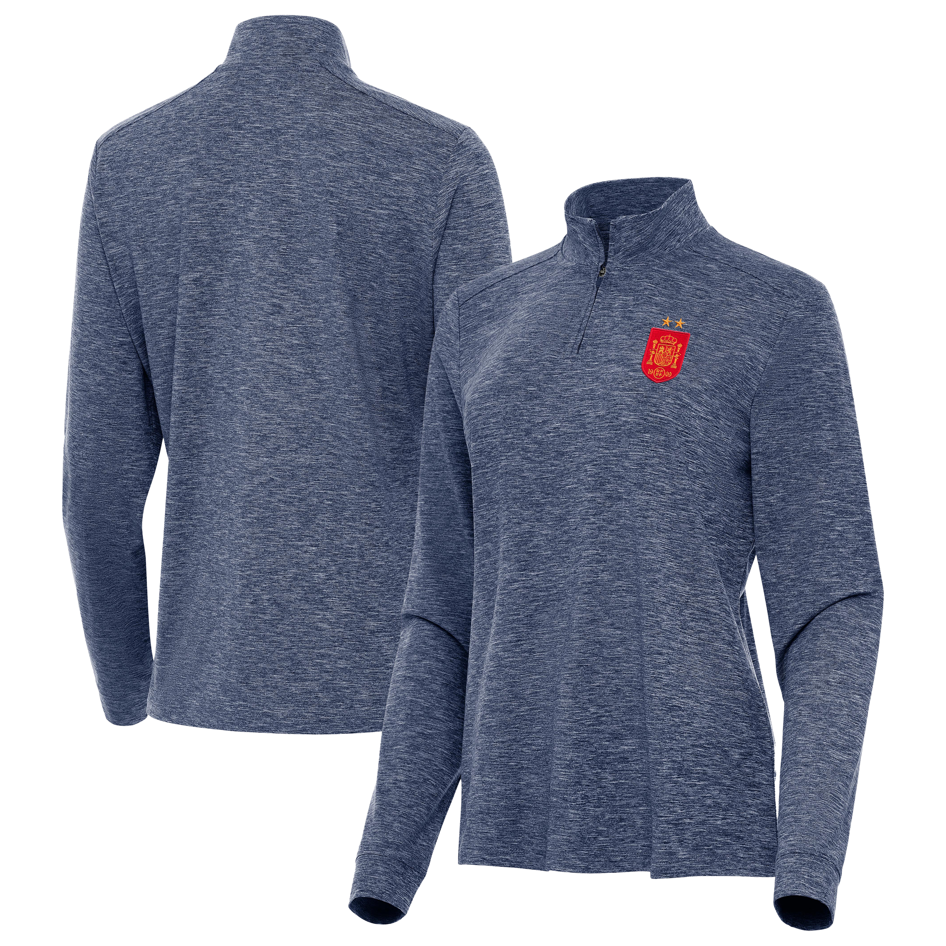 Women's Antigua Heather Navy Spain National Team Two-Star Master Quarter-Zip Pullover