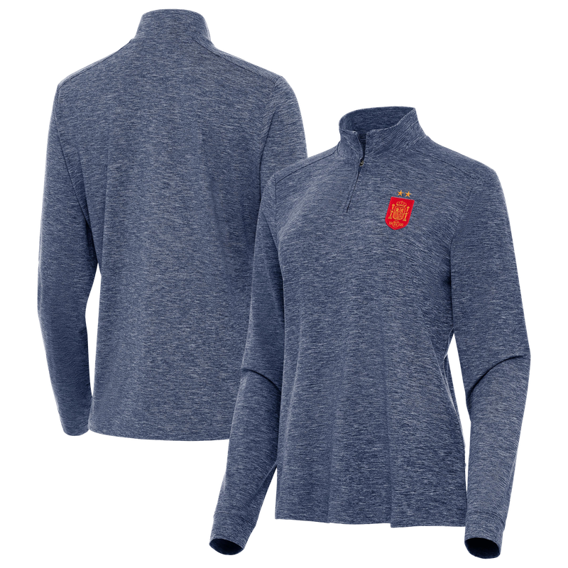 Women's Antigua Heather Navy Spain National Team Two-Star Master Quarter-Zip Pullover