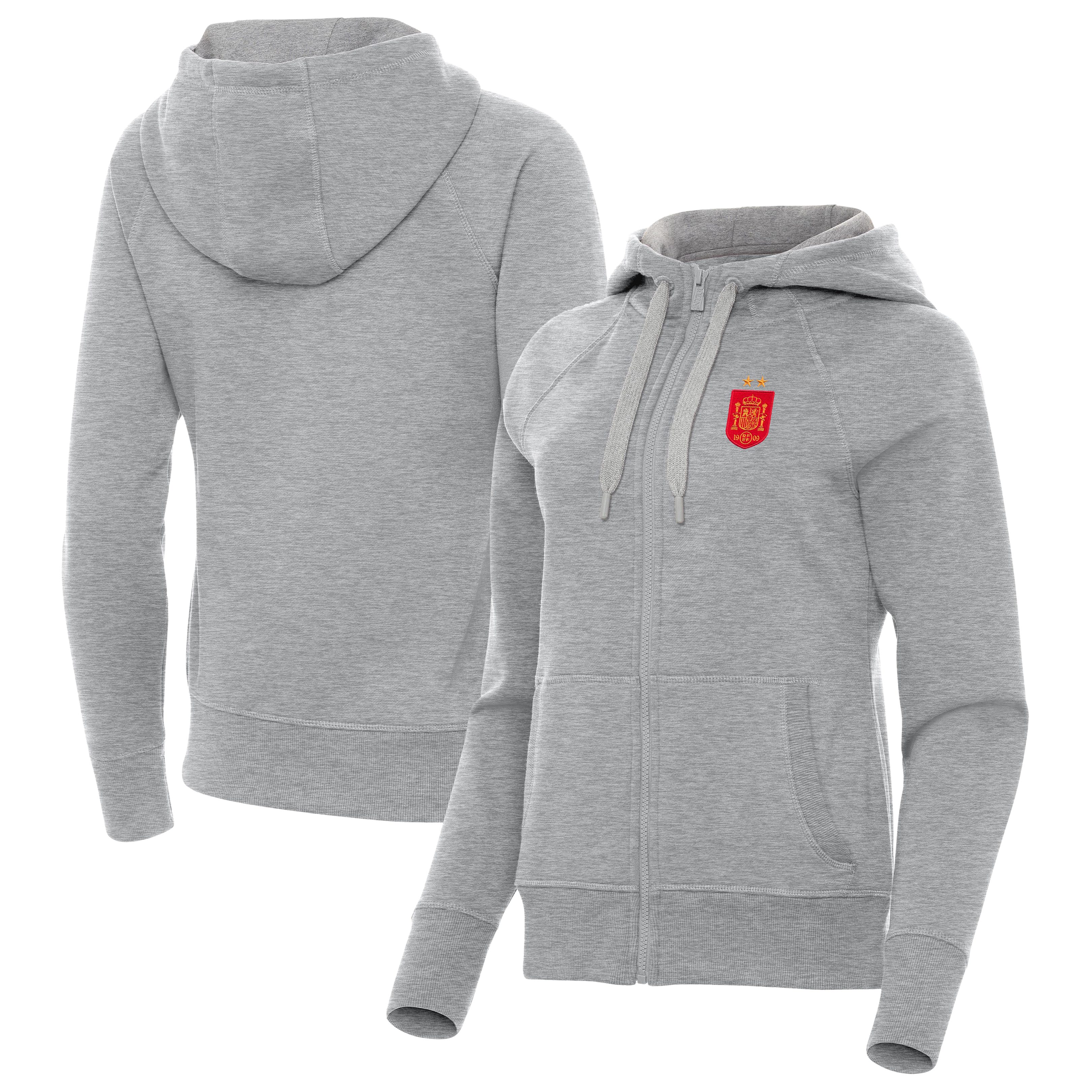 Women's Antigua Heather Gray Spain National Team Two-Star Takeover Fleece Raglan Full-Zip Hoodie