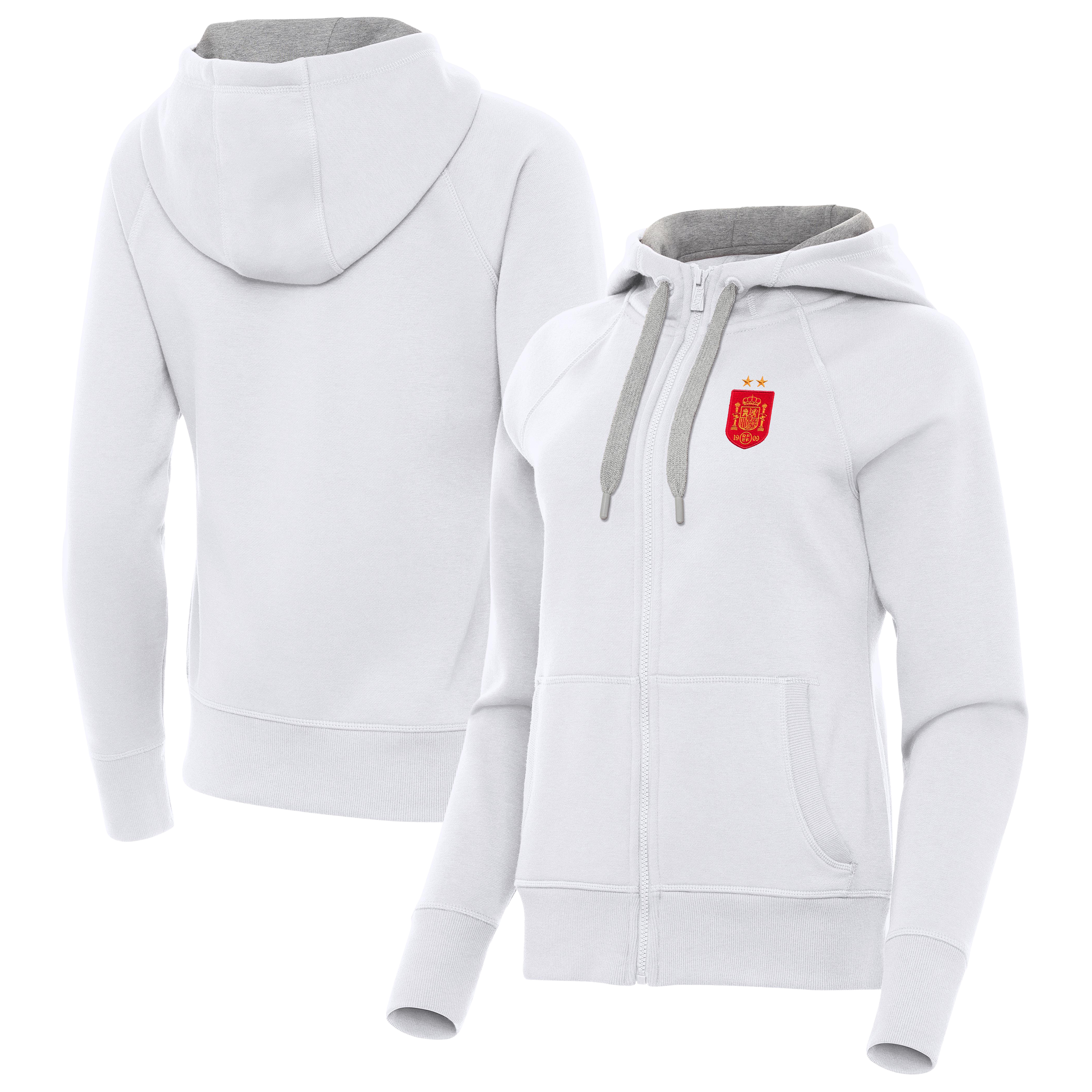 Women's Antigua White Spain National Team Two-Star Takeover Fleece Raglan Full-Zip Hoodie