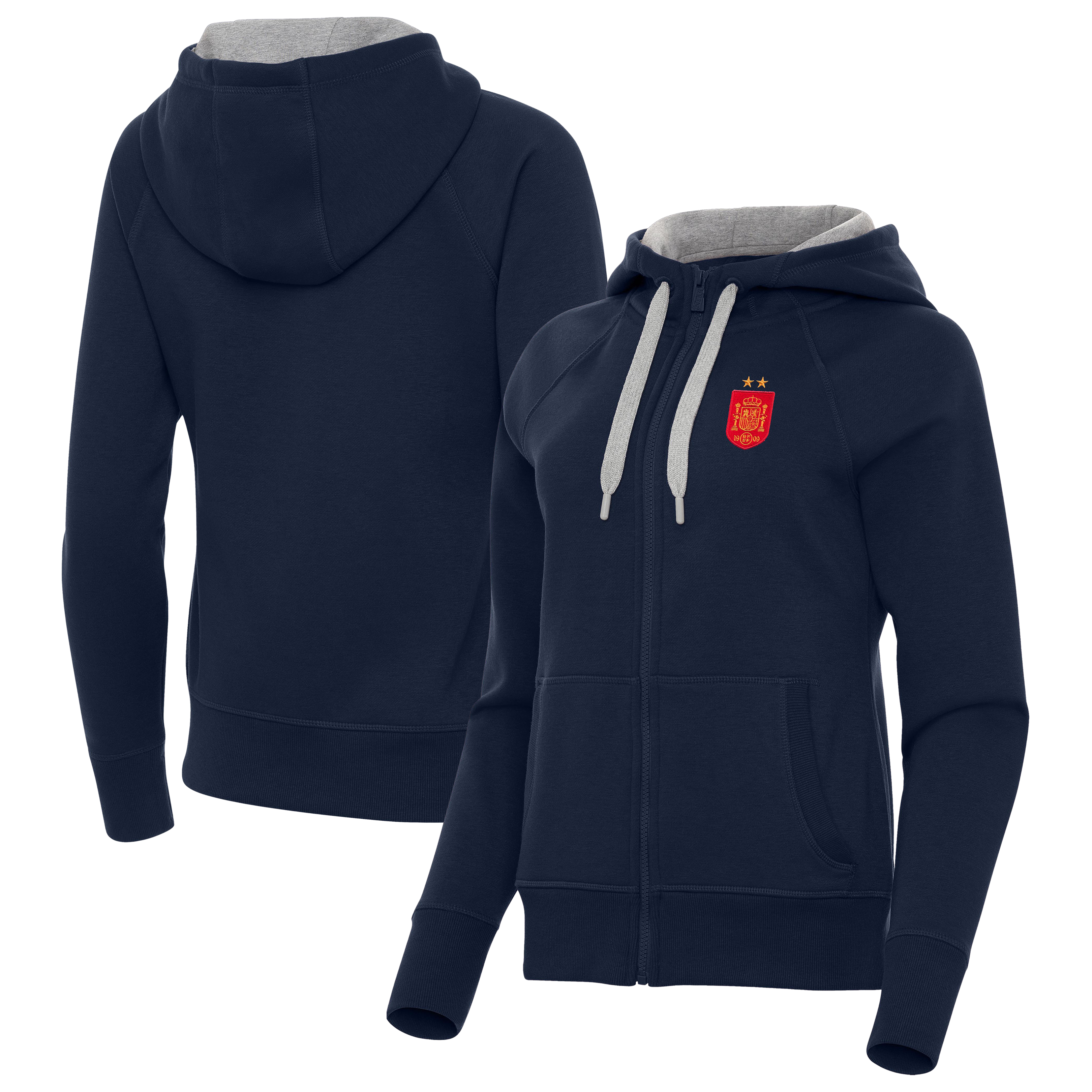 Women's Antigua Navy Spain National Team Two-Star Takeover Fleece Raglan Full-Zip Hoodie