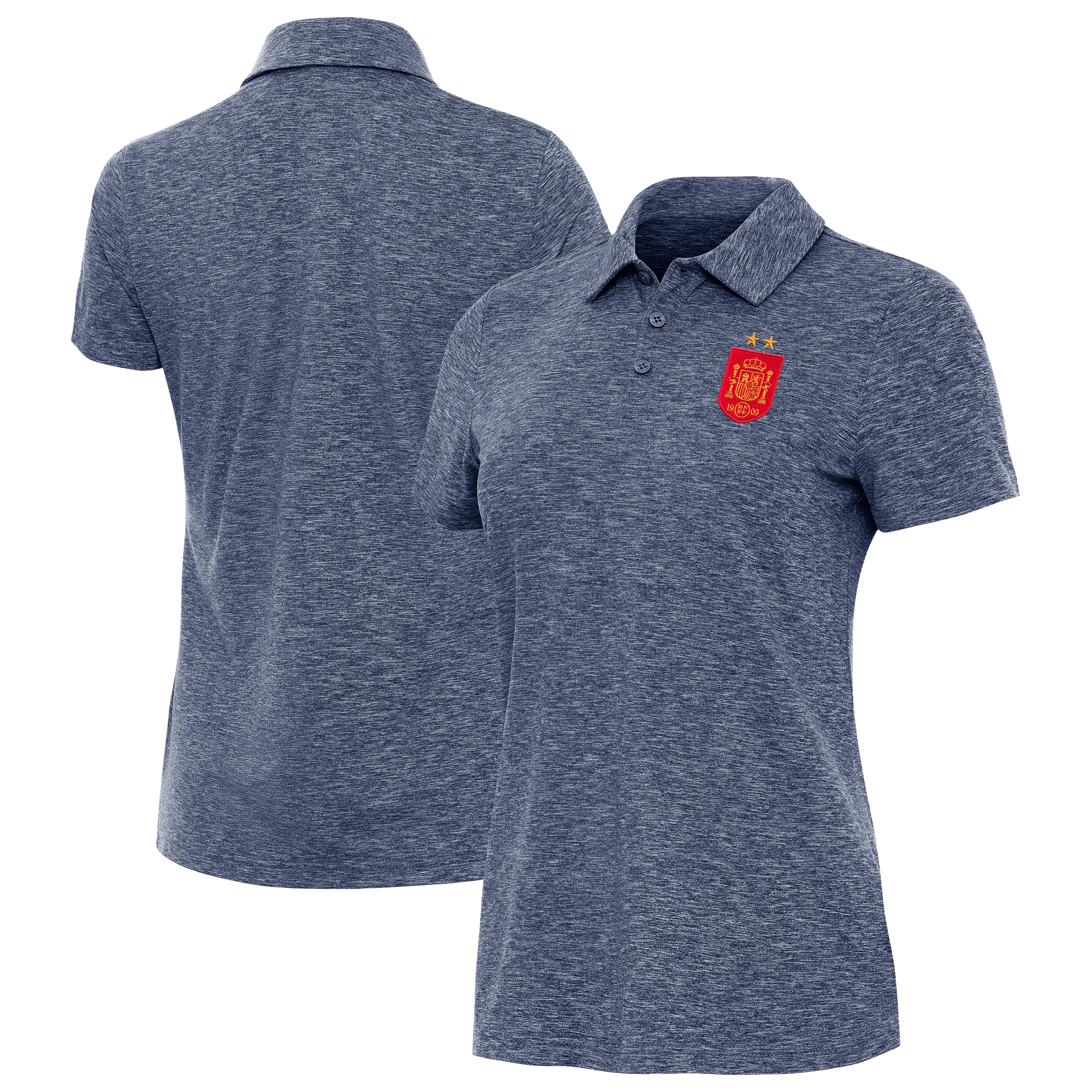 Women's Antigua Heather Navy Spain National Team Two-Star Triple Shot Polo