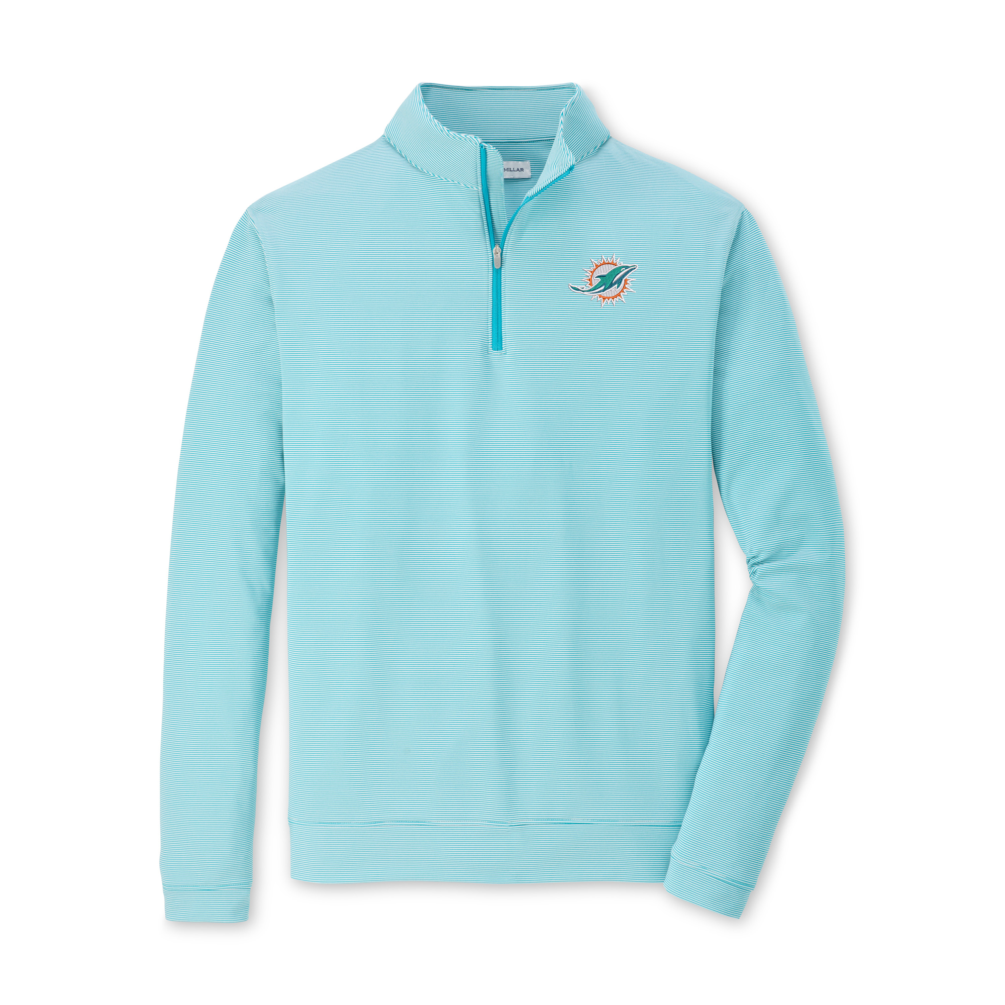 Men's Peter Millar Aqua/White Miami Dolphins Perth Sugar Stripe Performance Quarter-Zip Pullover