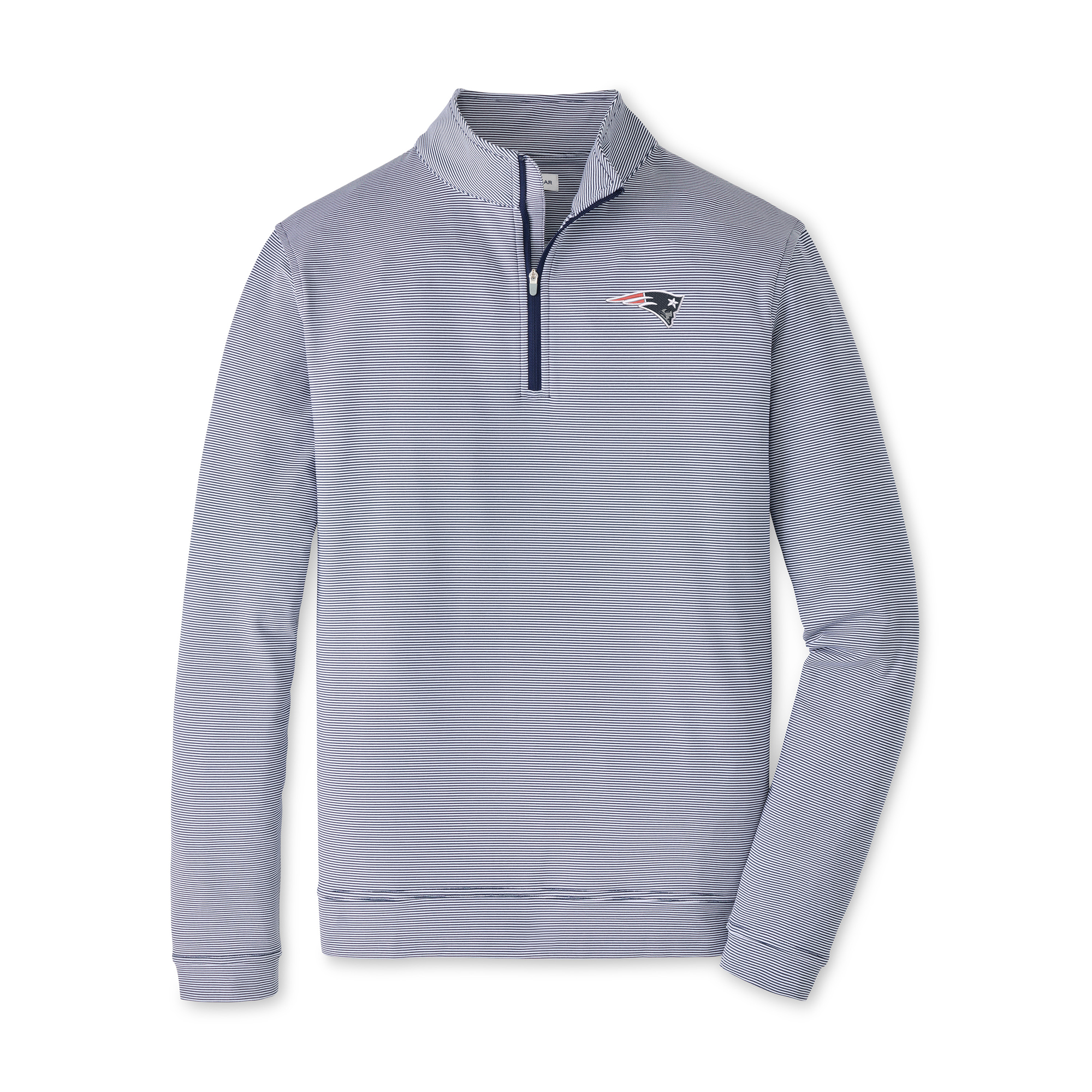 Men's Peter Millar Navy/White New England Patriots Perth Sugar Stripe Performance Quarter-Zip Pullover