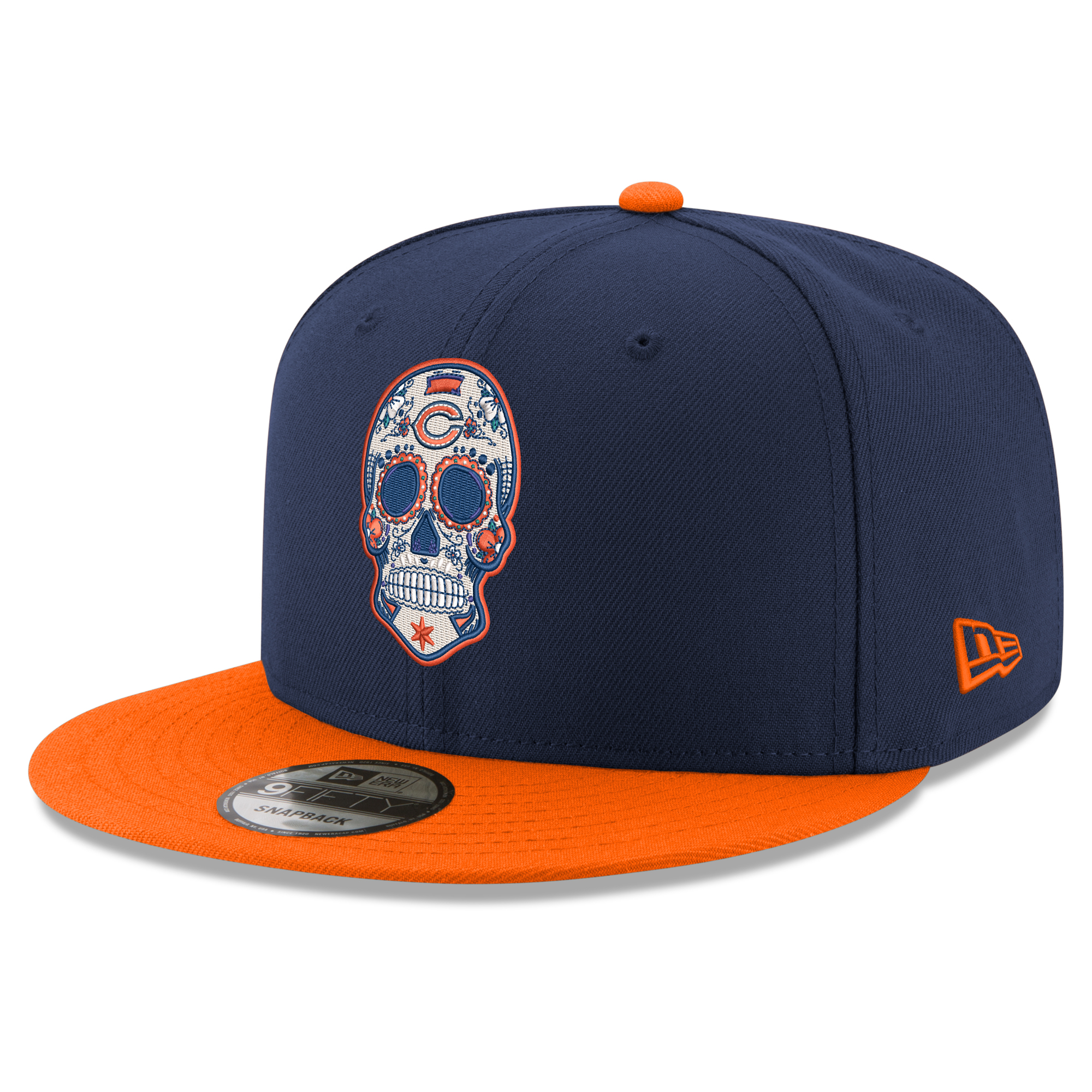 Men's New Era Navy/Orange Chicago Bears Hispanic Heritage Sugar Skull 9FIFTY Snapback Hat
