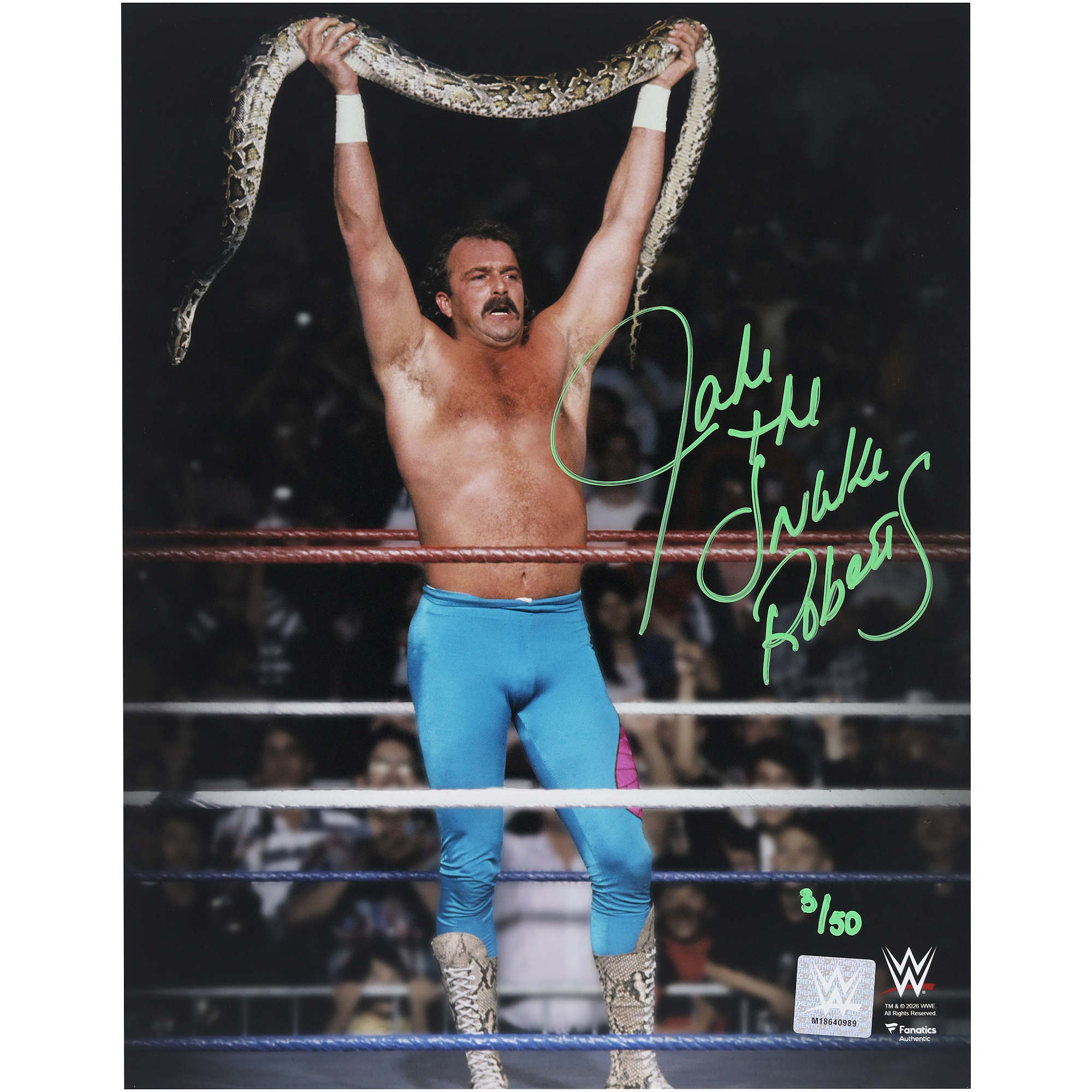 Jake “The Snake” Roberts WWE Autographed 11″ x 14″ Raising Snake Spotlight Photograph – Limited Edition of 50 Jake “The Snake” Roberts WWE Autographed 11″ x 14″ Raising Snake Spotlight Photograph – Limited Edition of 50