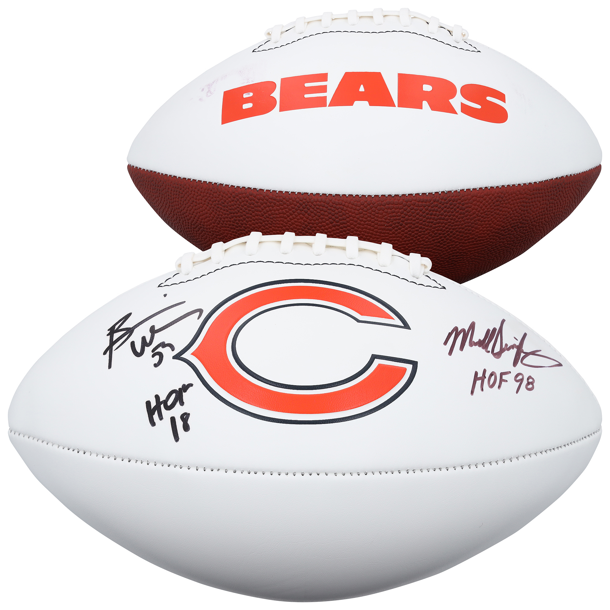 Mike Singletary & Brian Urlacher Chicago Bears Autographed Franklin White Panel Football with Multiple Inscriptions