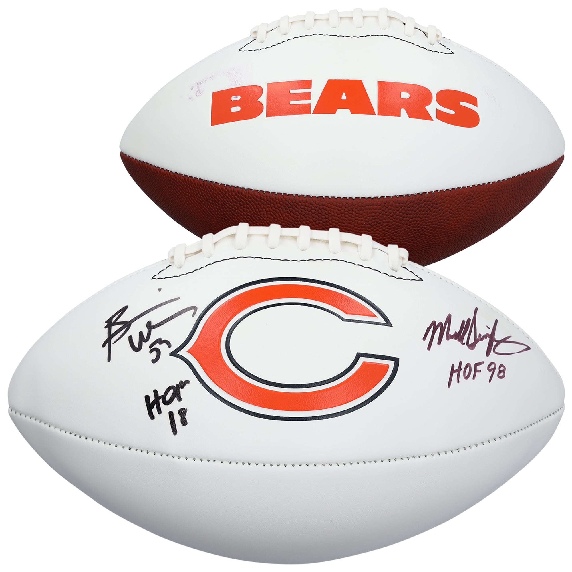 Mike Singletary & Brian Urlacher Chicago Bears Autographed Franklin White Panel Football with Multiple Inscriptions