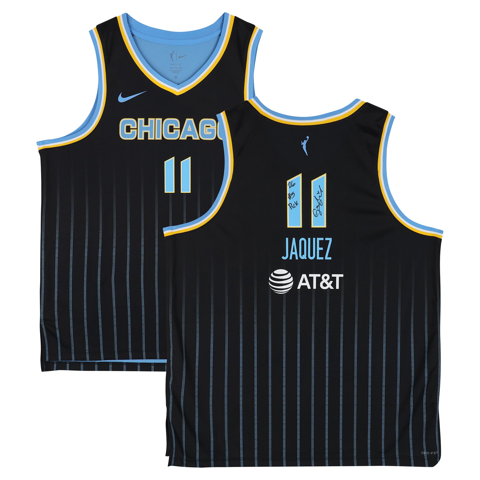 Camiseta negra Nike Explorer de Gabriela Jáquez del Chicago Sky autografiada con la inscripción "26 #5 Pick".