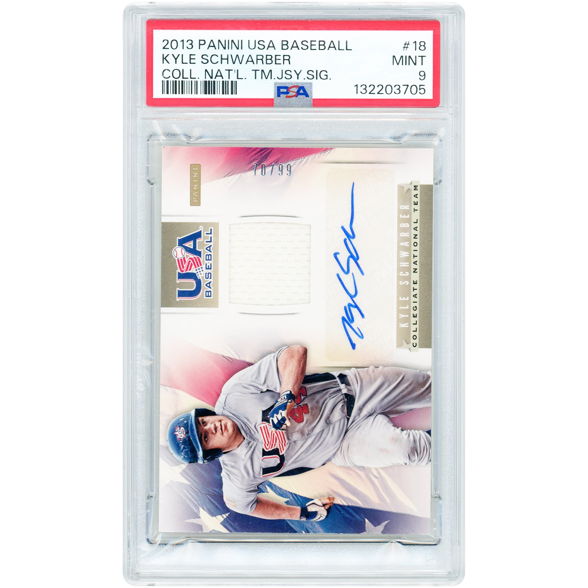 Kyle Schwarber USA Baseball Autographed 2013 Panini USA Baseball Collegiate National Team Game Used Jersey Relic #18 #70/99 PSA Authenticated 9 Card. rookie card picture