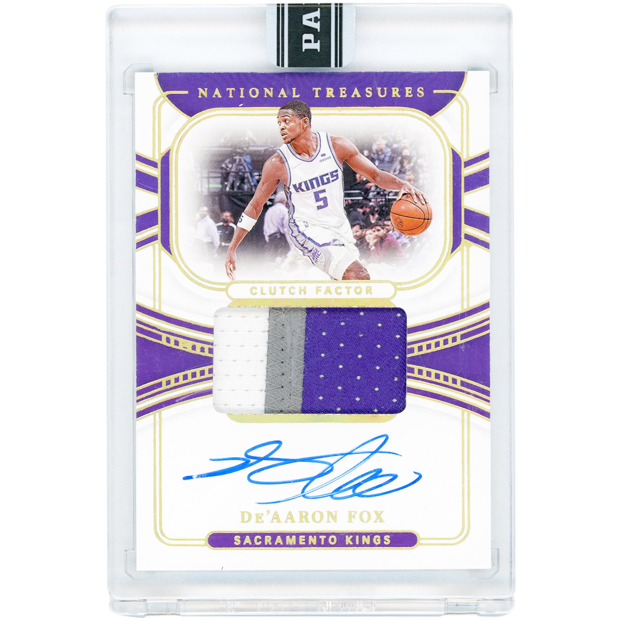 De'Aaron Fox Sacramento Kings Autographed 2021-22 Panini National Treasures 2025 Black Box Clutch Factor Game Used 3 Color Relic #CF-DFX #1/1 Card
