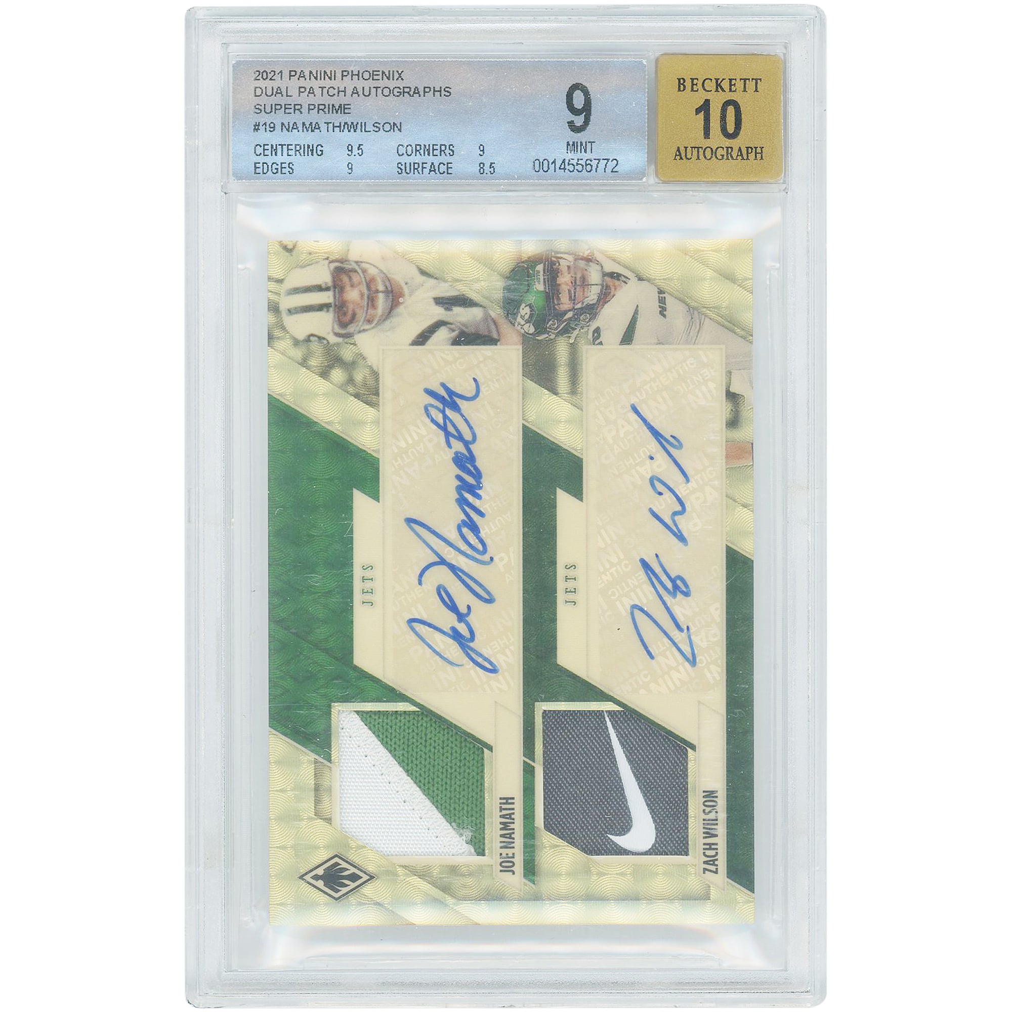 Joe Namath & Zach Wilson New York Jets Autographed 2021 Panini Phoenix Super Prime Dual Patch Relic #DPA-JET #1/1 BGS Authenticated 9/10 Card – 9.5,9,9,8.5 Subgrades