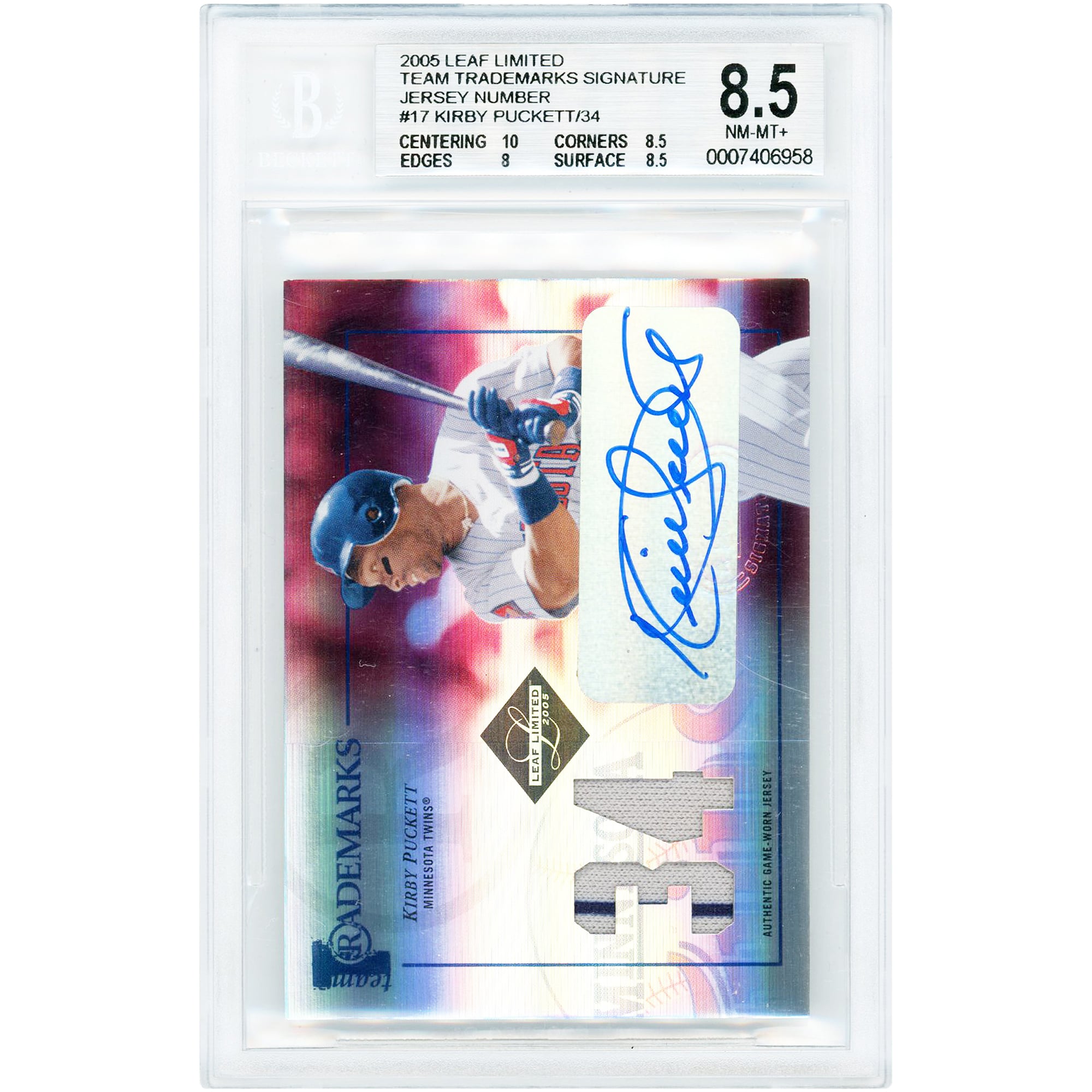 Kirby Puckett Minnesota Twins Autographed 2005 Donruss Leaf Limited Team Trademarks Game Used 2 Color Jersey Relic #TT-17 #27/34 BGS Authenticated 8.5/10 Card -. rookie card picture