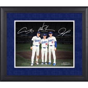 Shohei Ohtani, Yoshinobu Yamamoto & Roki Sasaki Los Angeles Dodgers Facsimile Signature Framed 11" x 14" Spotlight Photograph