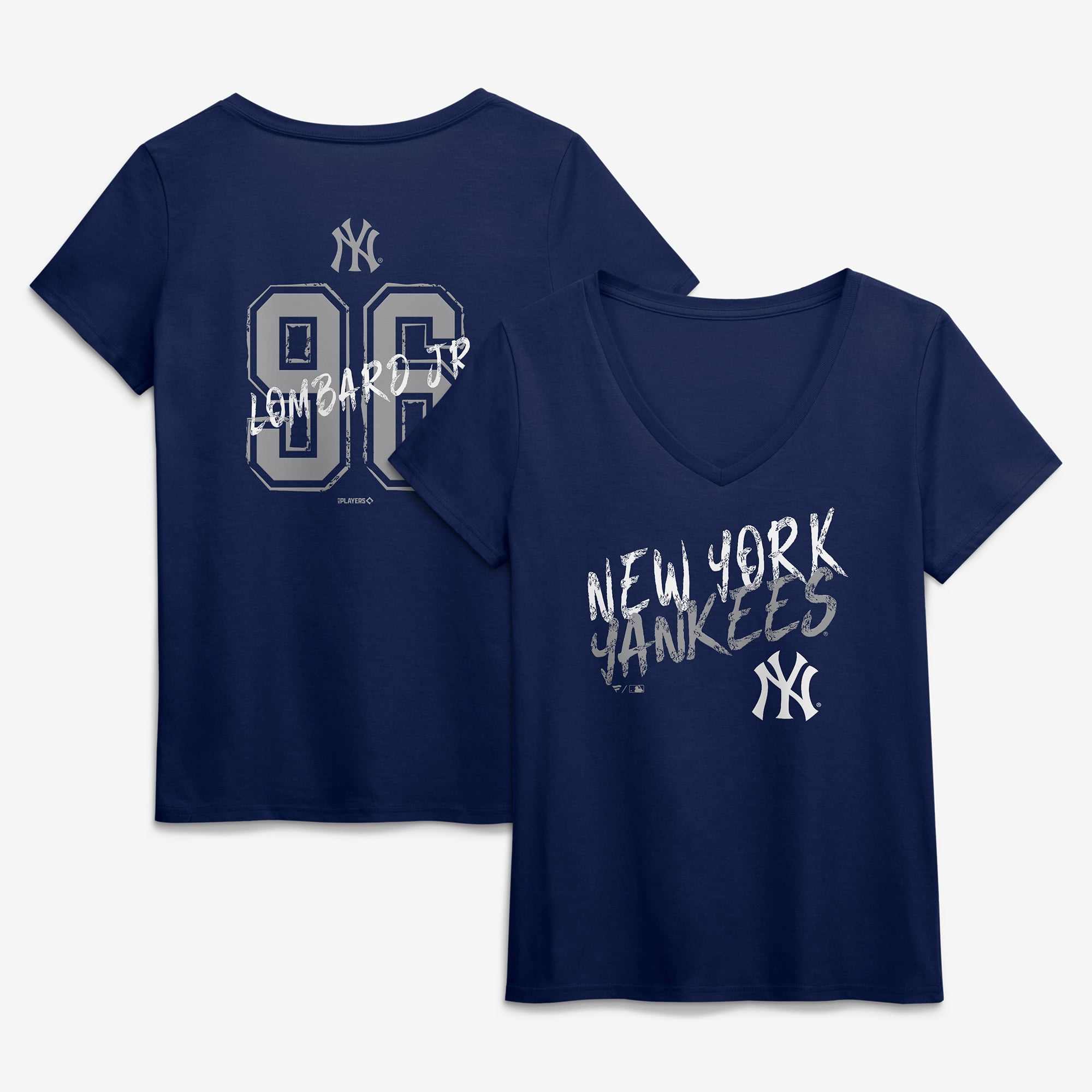 Women's George Lombard Jr. Navy New York Yankees Hustle Name & Number V-Neck T-Shirt