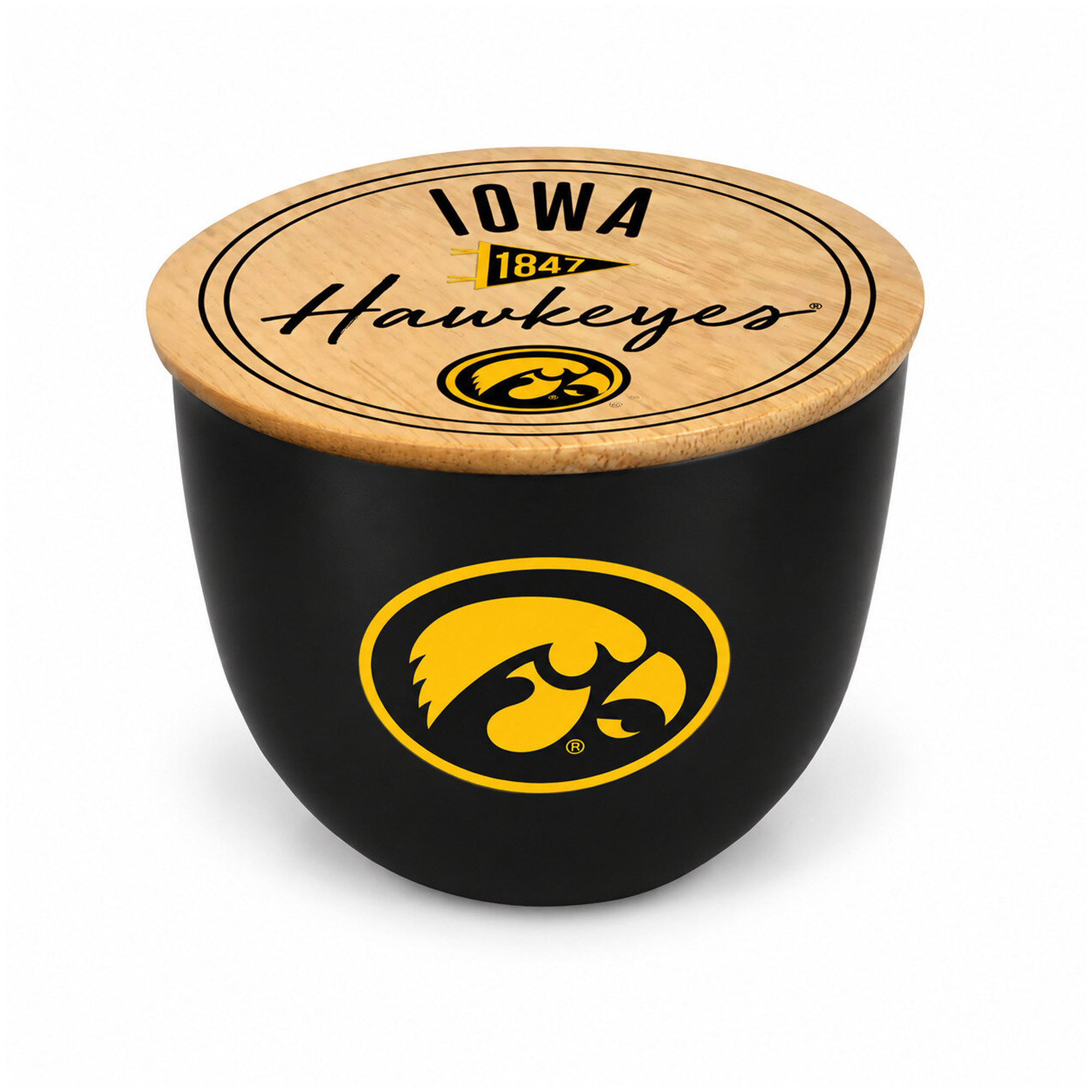 Pegasus Iowa Hawkeyes Script Circle Wood Top 16oz. Ceramic Candle