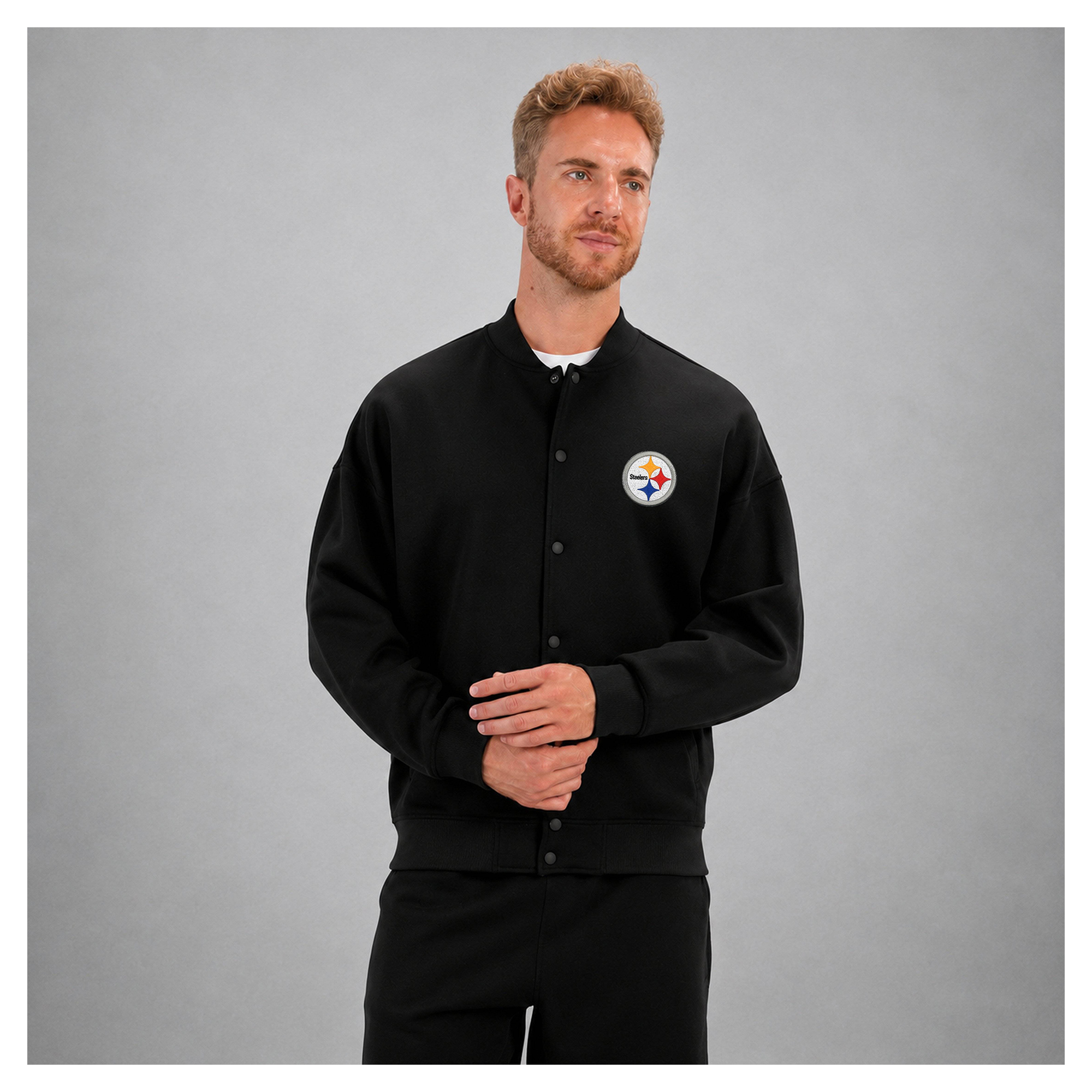 Men's Levelwear Black Pittsburgh Steelers Logo Luxe Signature Tri-Blend Bomber Jacket