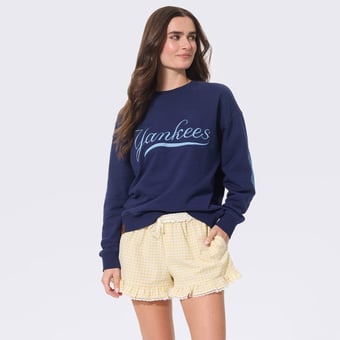 Women's Terez  Navy New York Yankees Denim Patch Crewneck Sweatshirt