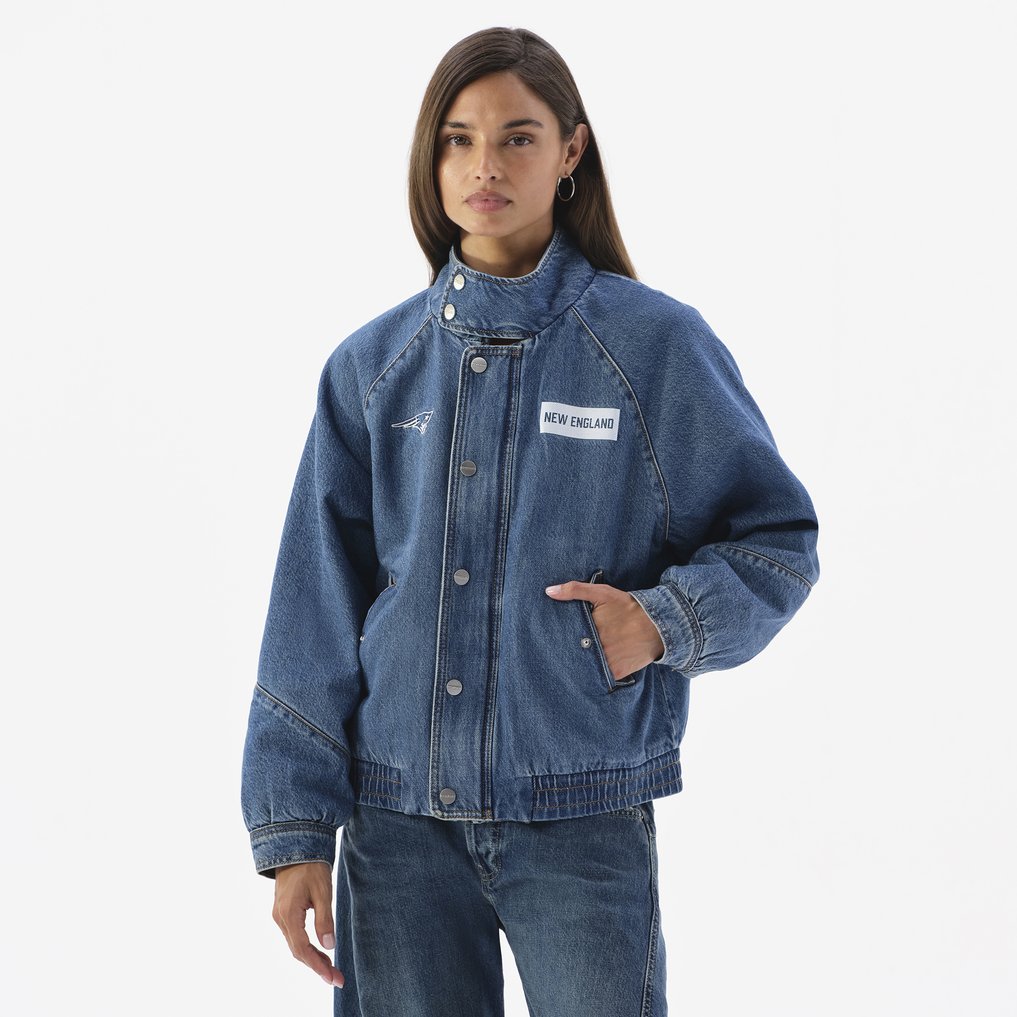 Women's Blue New England Patriots Oversized Denim Jacket