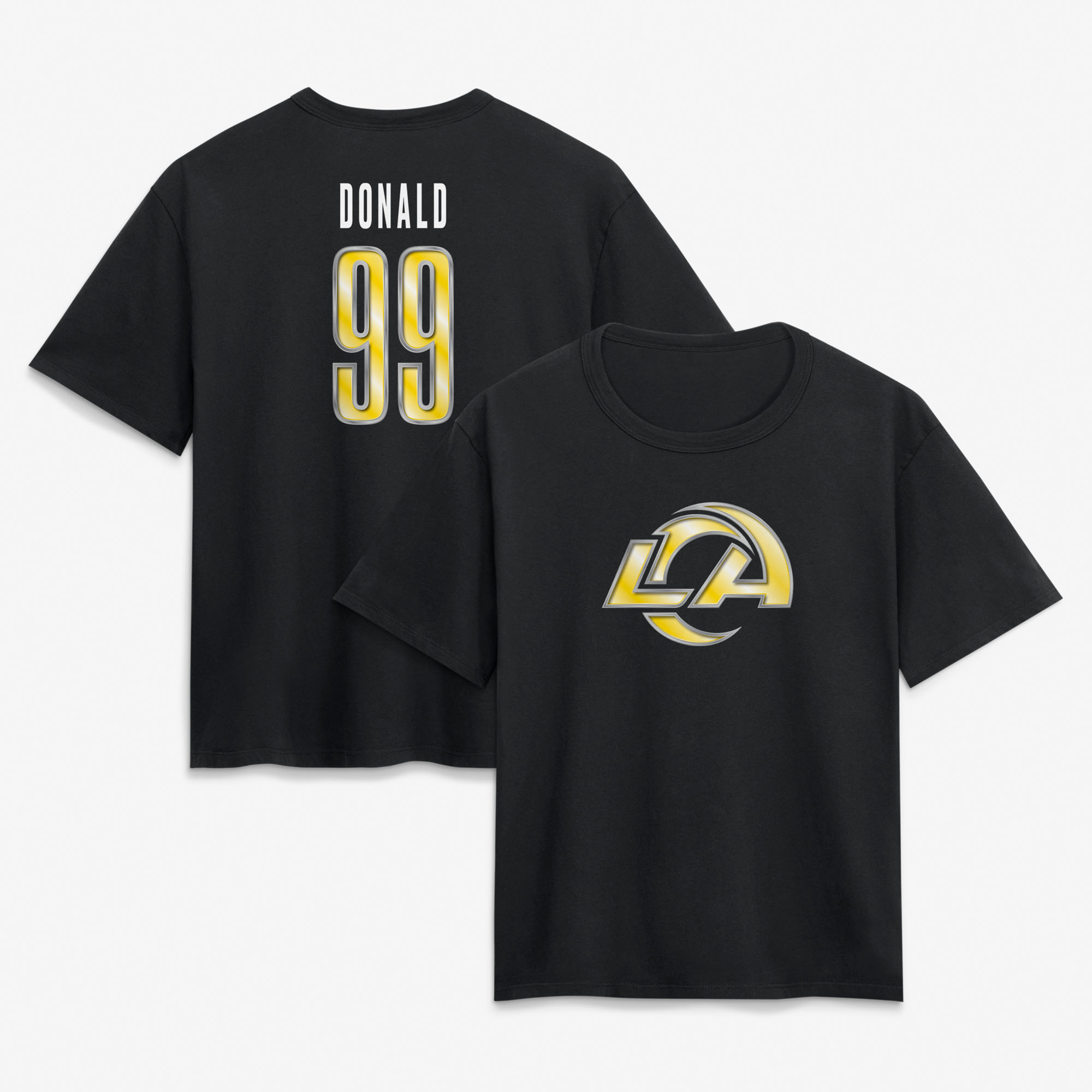 Women's Aaron Donald Black Los Angeles Rams Metallic Name & Number T-Shirt
