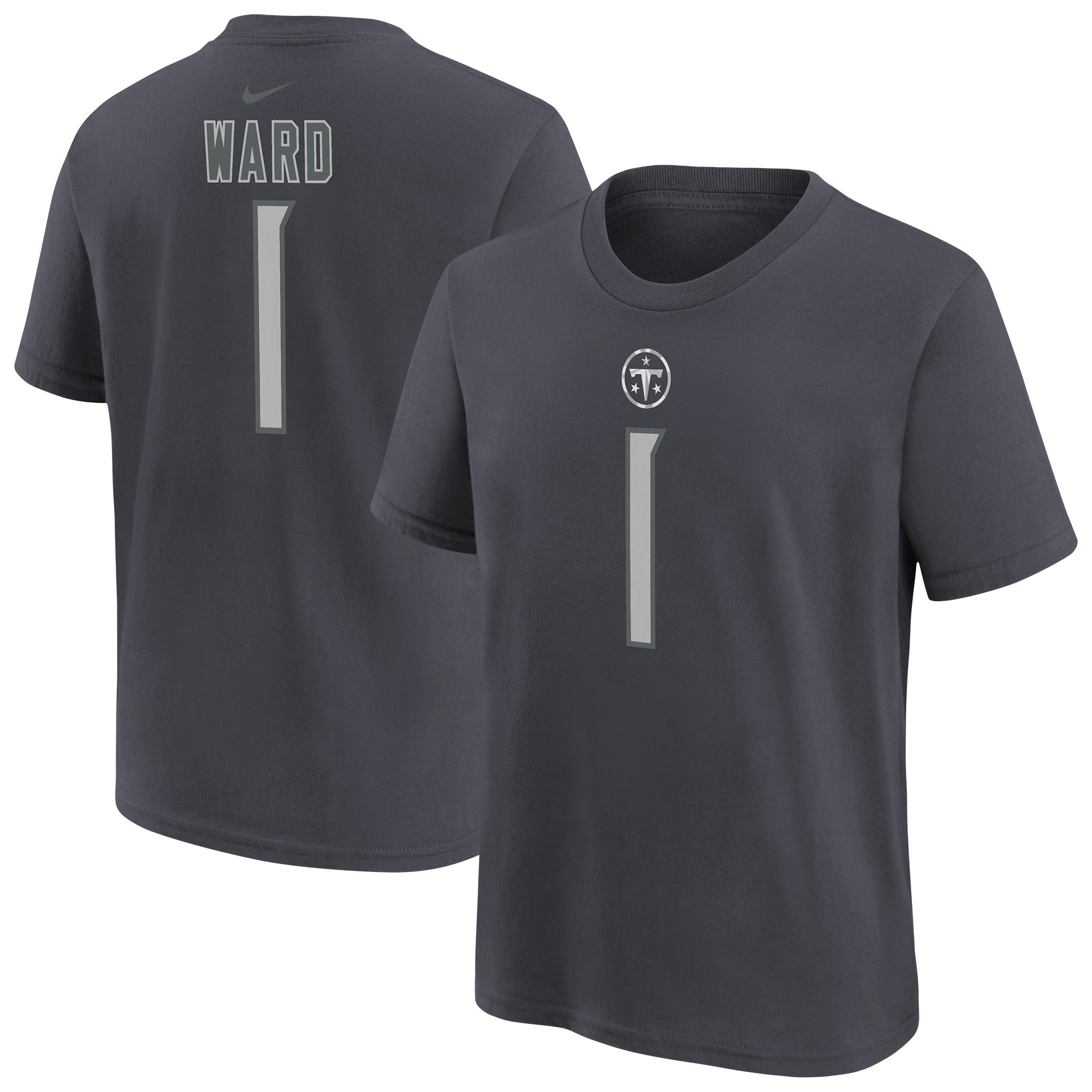 Youth Nike Cam Ward Anthracite Tennessee Titans Name & Number T-Shirt