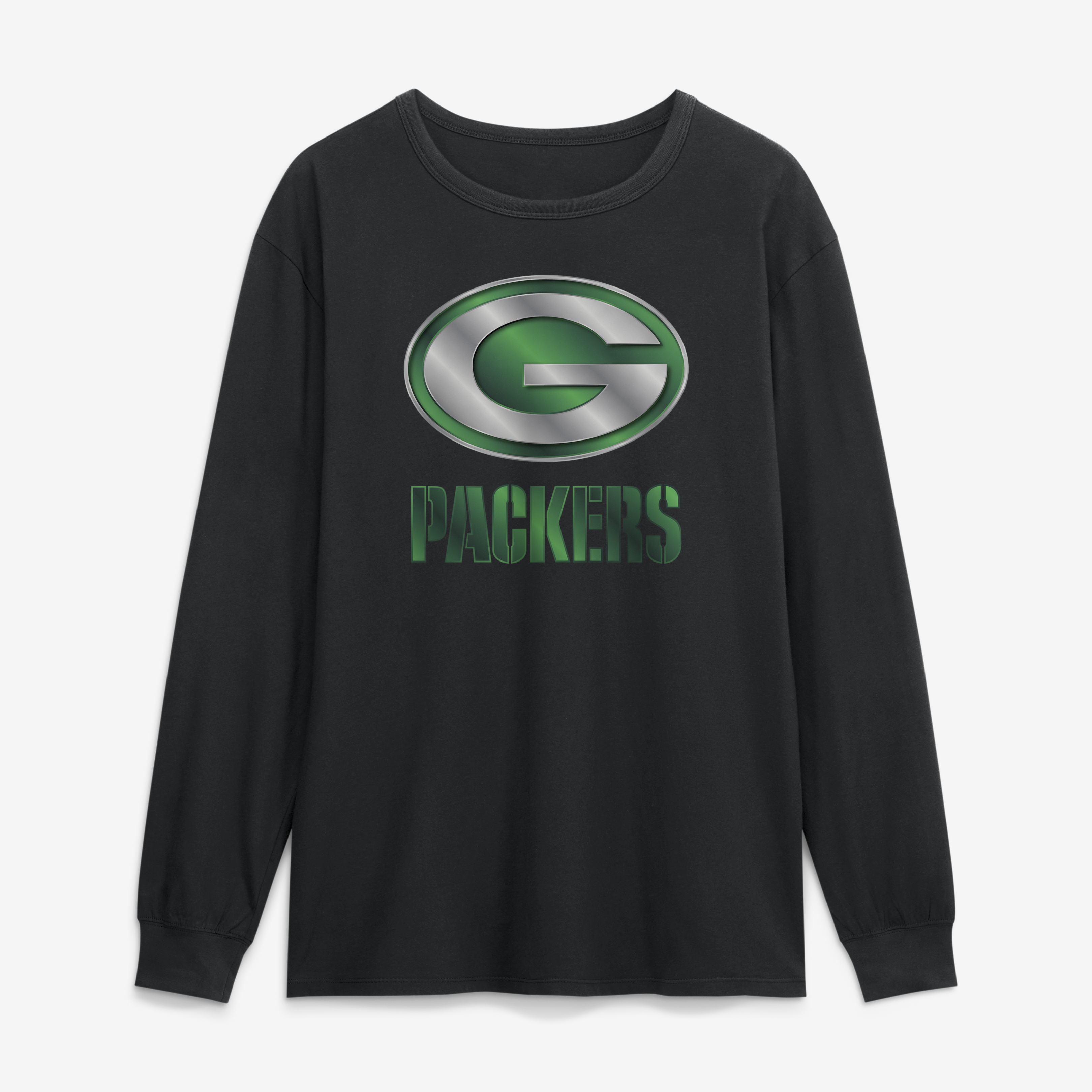 Men's Black Green Bay Packers  Metallic Mascot Long Sleeve T-Shirt