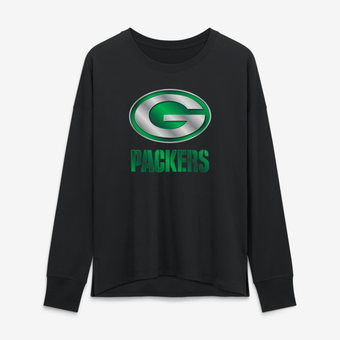 Women's Black Green Bay Packers Metallic Mascot Long Sleeve T-Shirt