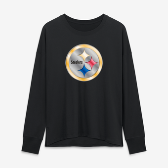 Women's Black Pittsburgh Steelers Metallic Mascot Long Sleeve T-Shirt