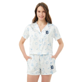 Women's Concepts Sport  White Detroit Tigers Hilton Satin Allover Print Button-Up Shirt & Shorts Set