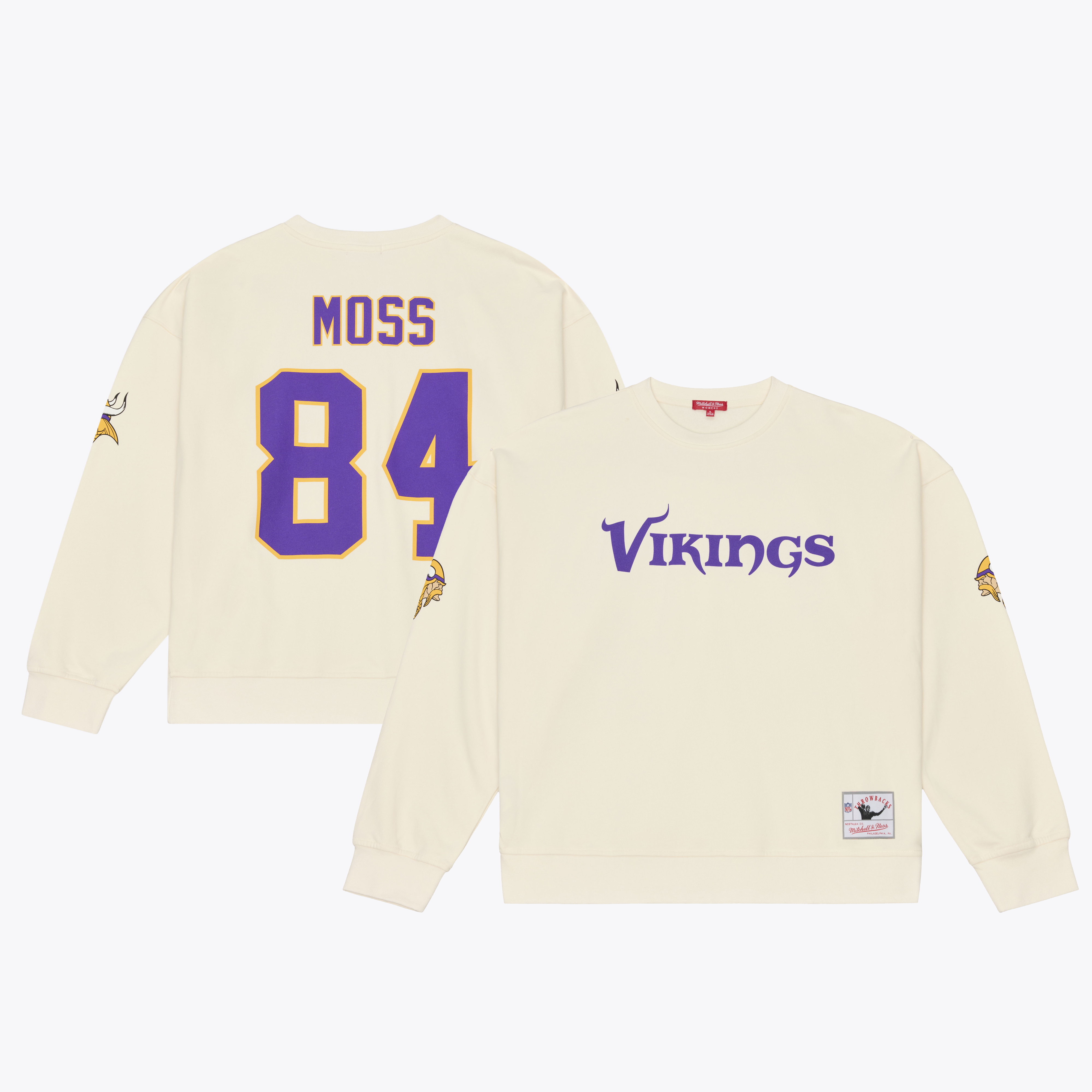 Women's Mitchell & Ness Randy Moss Cream Minnesota Vikings Name & Number Sweatshirt