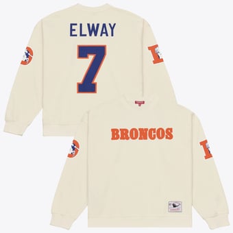 Women's Mitchell & Ness John Elway Cream Denver Broncos Name & Number Sweatshirt