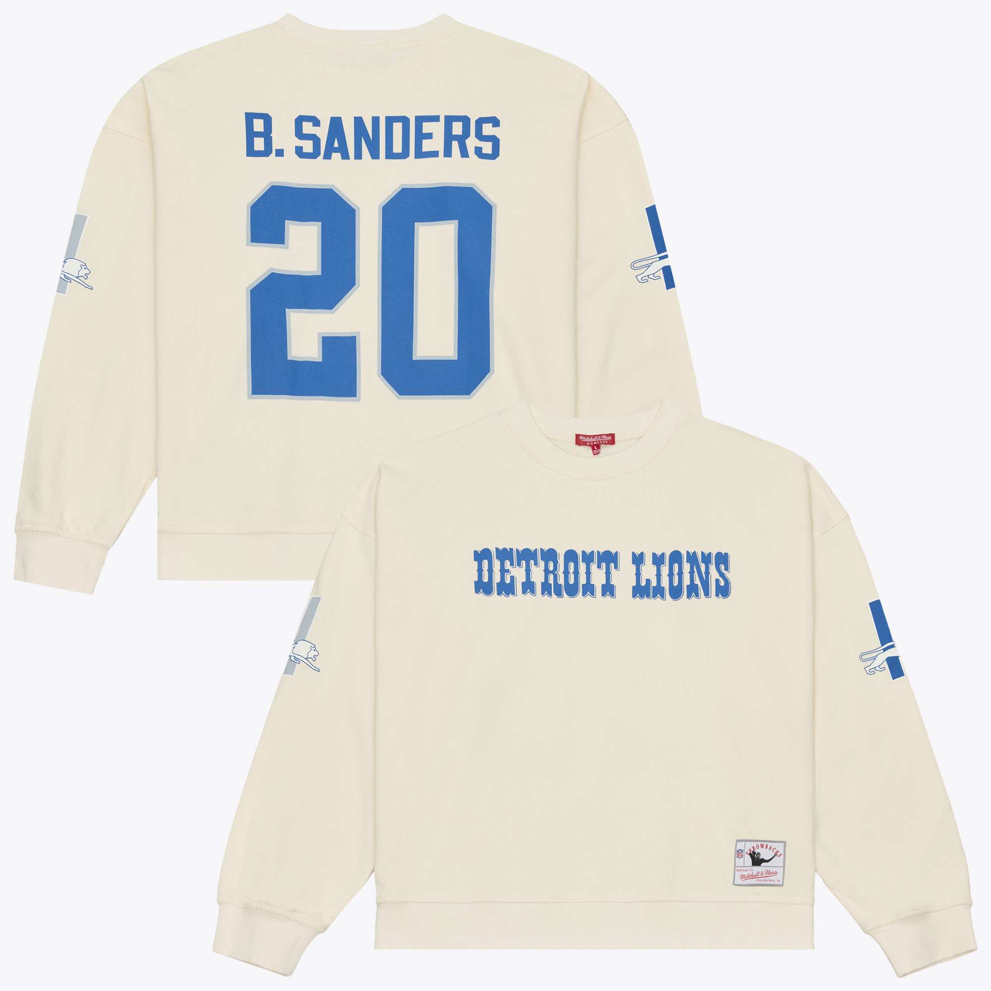 Women's Mitchell & Ness Barry Sanders Cream Detroit Lions Name & Number Sweatshirt