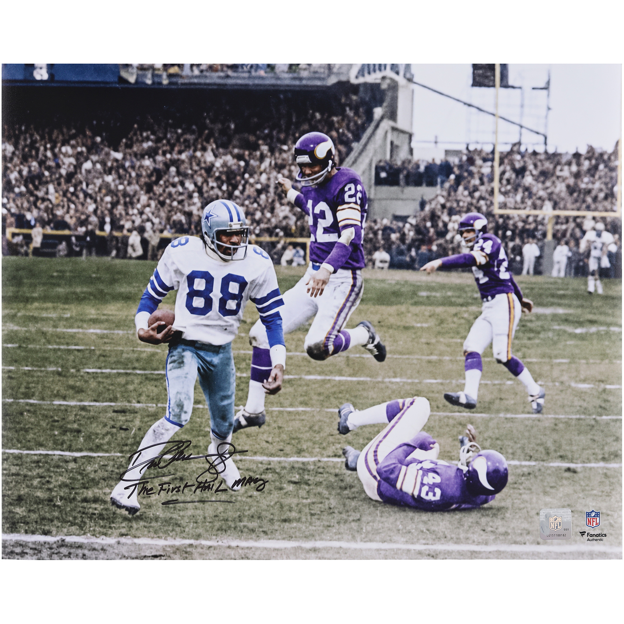 Drew Pearson Dallas Cowboys Autographed 16" x 20" 1975 NFC Divisional Round Hail Mary vs. Minnesota Vikings Photograph with "The First Hail Mary" Inscription