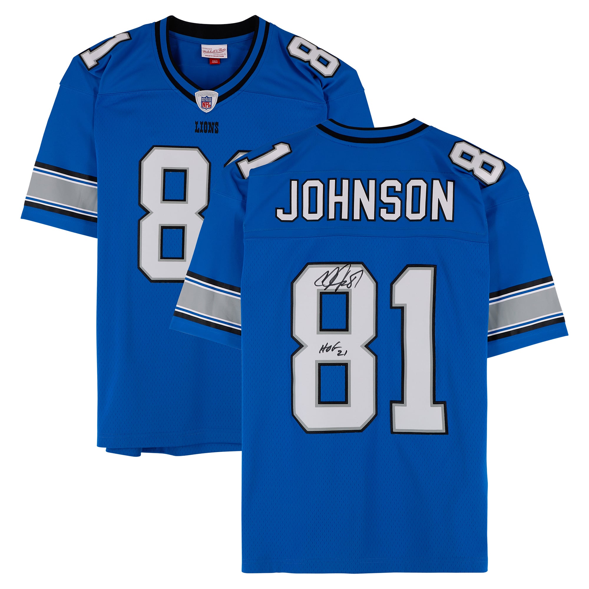 Calvin Johnson Detroit Lions Autographed Blue Mitchell & Ness 2007 Replica Jersey with "HOF 21" Inscription
