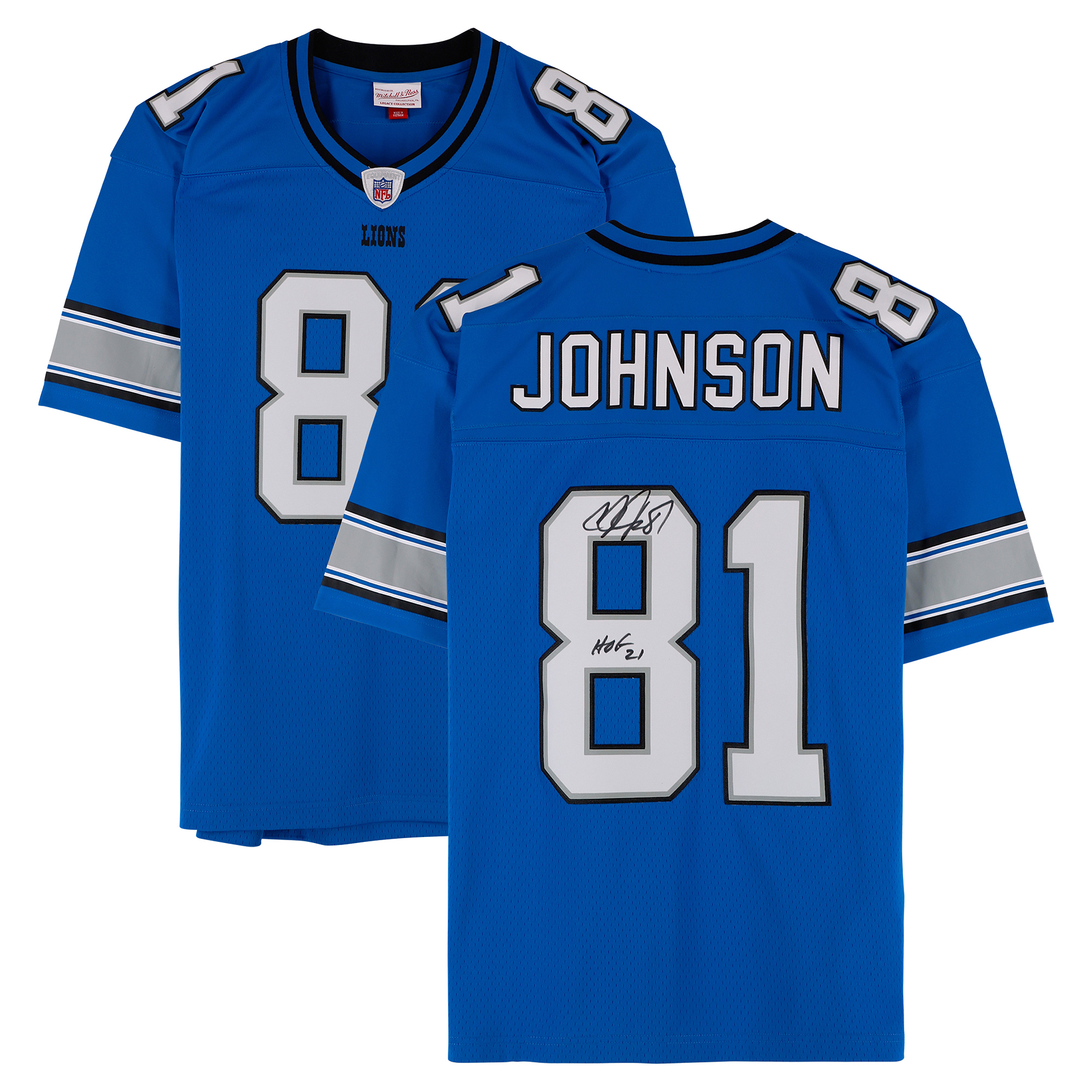 Calvin Johnson Detroit Lions Autographed Blue Mitchell & Ness 2007 Replica Jersey with "HOF 21" Inscription