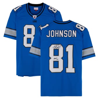 Calvin Johnson Detroit Lions Autographed Blue Mitchell & Ness 2007 Replica Jersey with "HOF 21" Inscription
