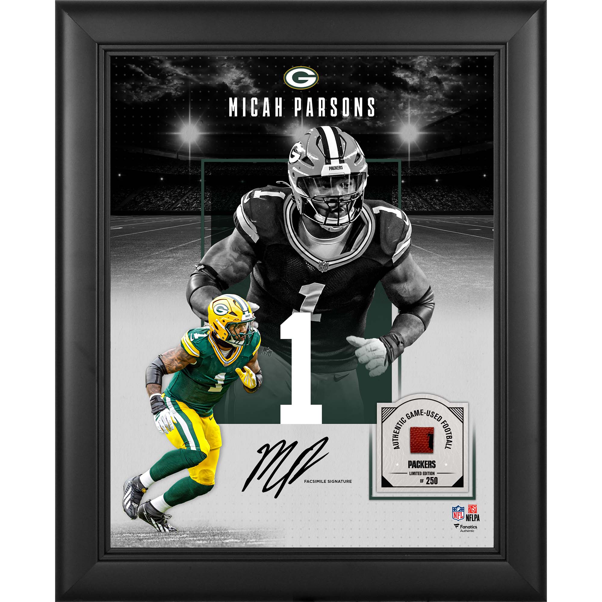 Micah Parsons Green Bay Packers Facsimile Signature Framed 11" x 14" Showcase Collage with a Piece of Game-Used Football - Limited Edition of 250