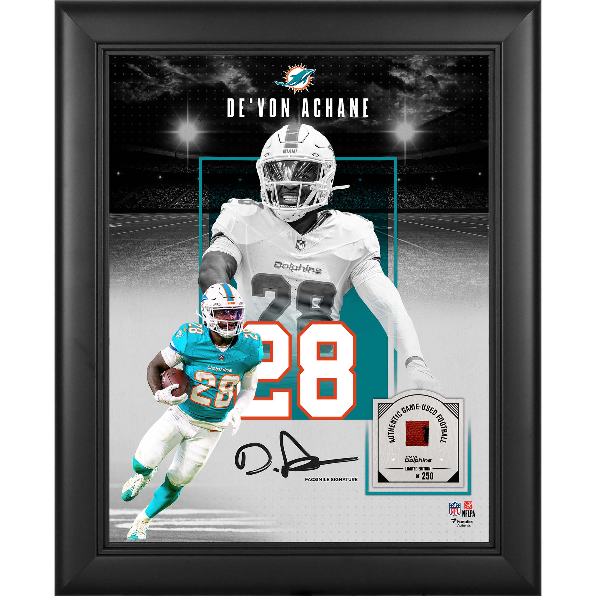 De’Von Achane Miami Dolphins Facsimile Signature Framed 11" x 14" Showcase Collage with a Piece of Game-Used Football - Limited Edition of 250