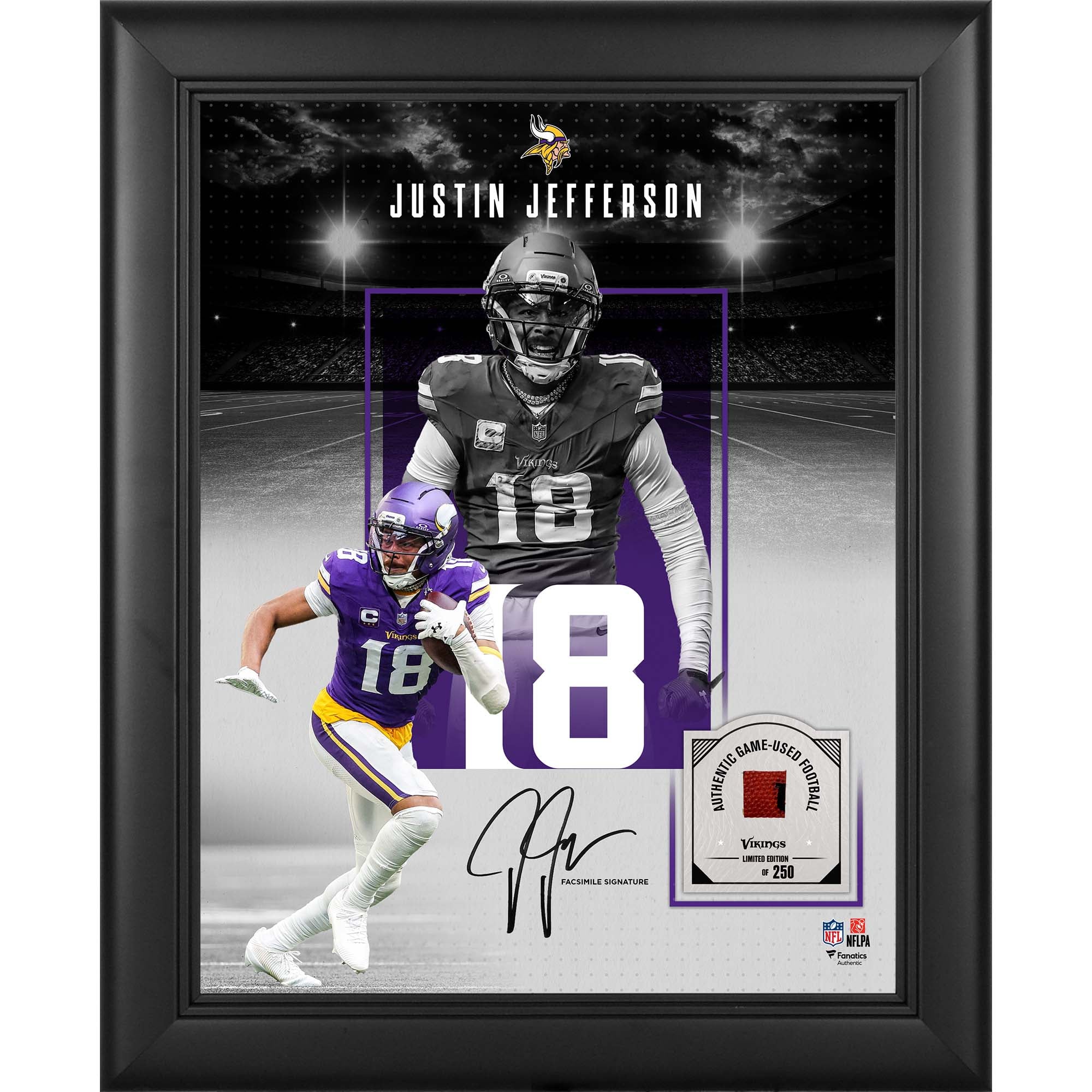 Justin Jefferson Minnesota Vikings Facsimile Signature Framed 11" x 14" Showcase Collage with a Piece of Game-Used Football - Limited Edition of 250