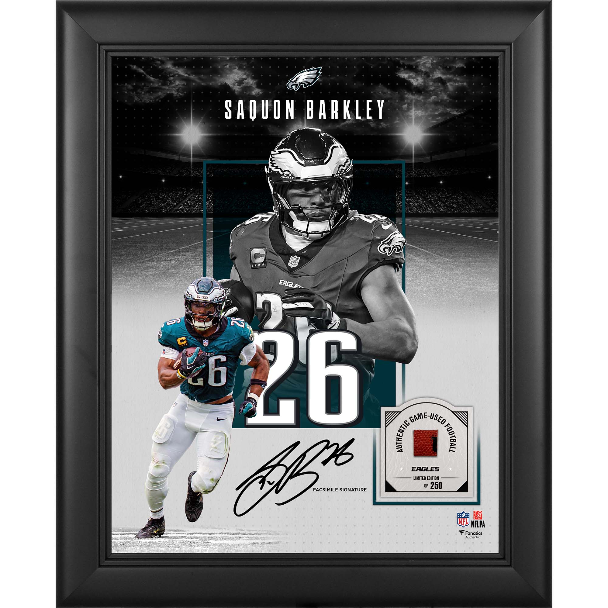 Saquon Barkley Philadelphia Eagles Facsimile Signature Framed 11" x 14" Showcase Collage with a Piece of Game-Used Football - Limited Edition of 250