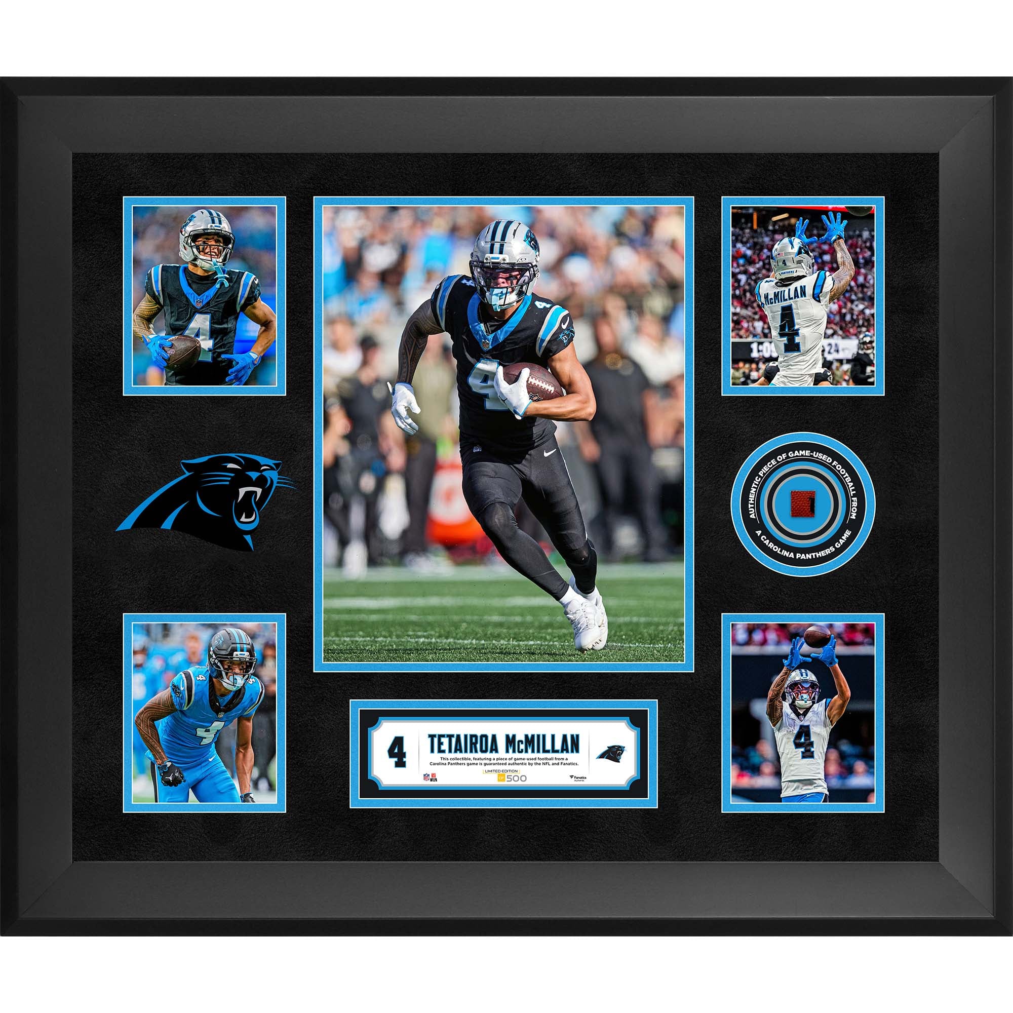 Tetairoa McMillan Carolina Panthers Framed 20" x 24" 5-Photo Collage with a Piece of Game-Used Football - Limited Edition of 500