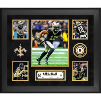 Chris Olave New Orleans Saints Framed 20" x 24" 5-Photo Collage with a Piece of Game-Used Football - Limited Edition of 500